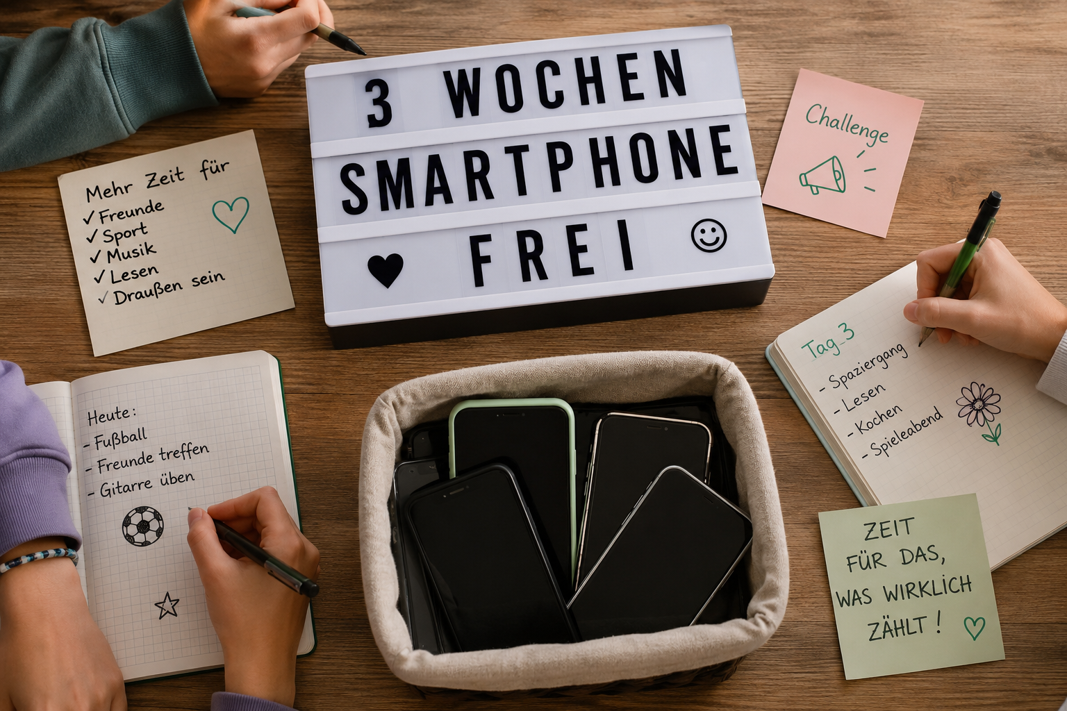Schülerinnen und Schüler legen ihre Smartphones während eines freiwilligen dreiwöchigen Experiments beiseite und schreiben ihre Erfahrungen in Notizbücher.