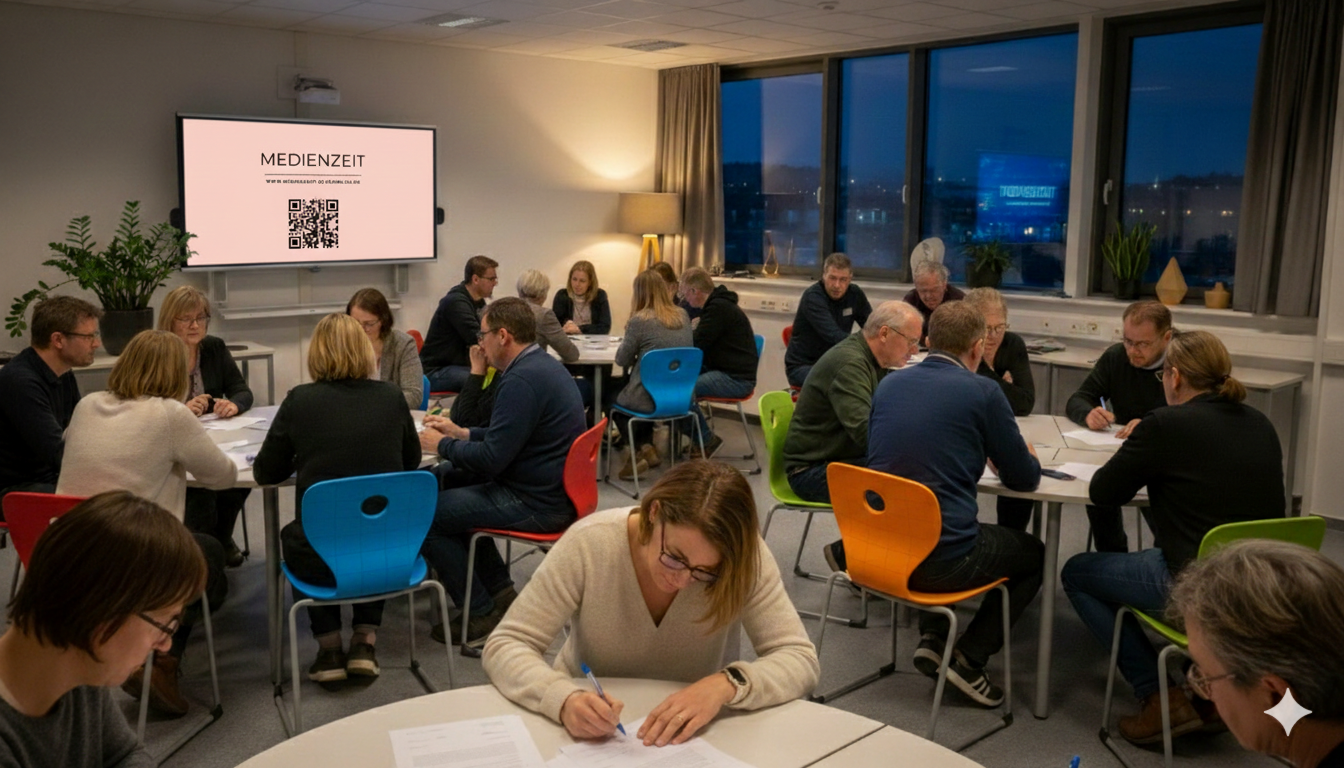 Eltern sitzen bei einem Medienzeit Elternabend in einem modernen Klassenzimmer an Gruppentischen, diskutieren und unterschreiben gemeinsam ausliegende Selbstverpflichtungen.