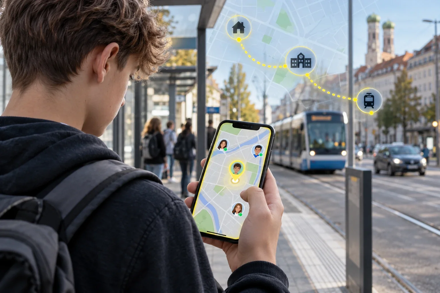 Ein Jugendlicher mit Rucksack betrachtet an einer Haltestelle eine Karte auf seinem Smartphone. Standortmarkierungen zeigen seinen Aufenthaltsort und den Weg zwischen Schule und Zuhause.