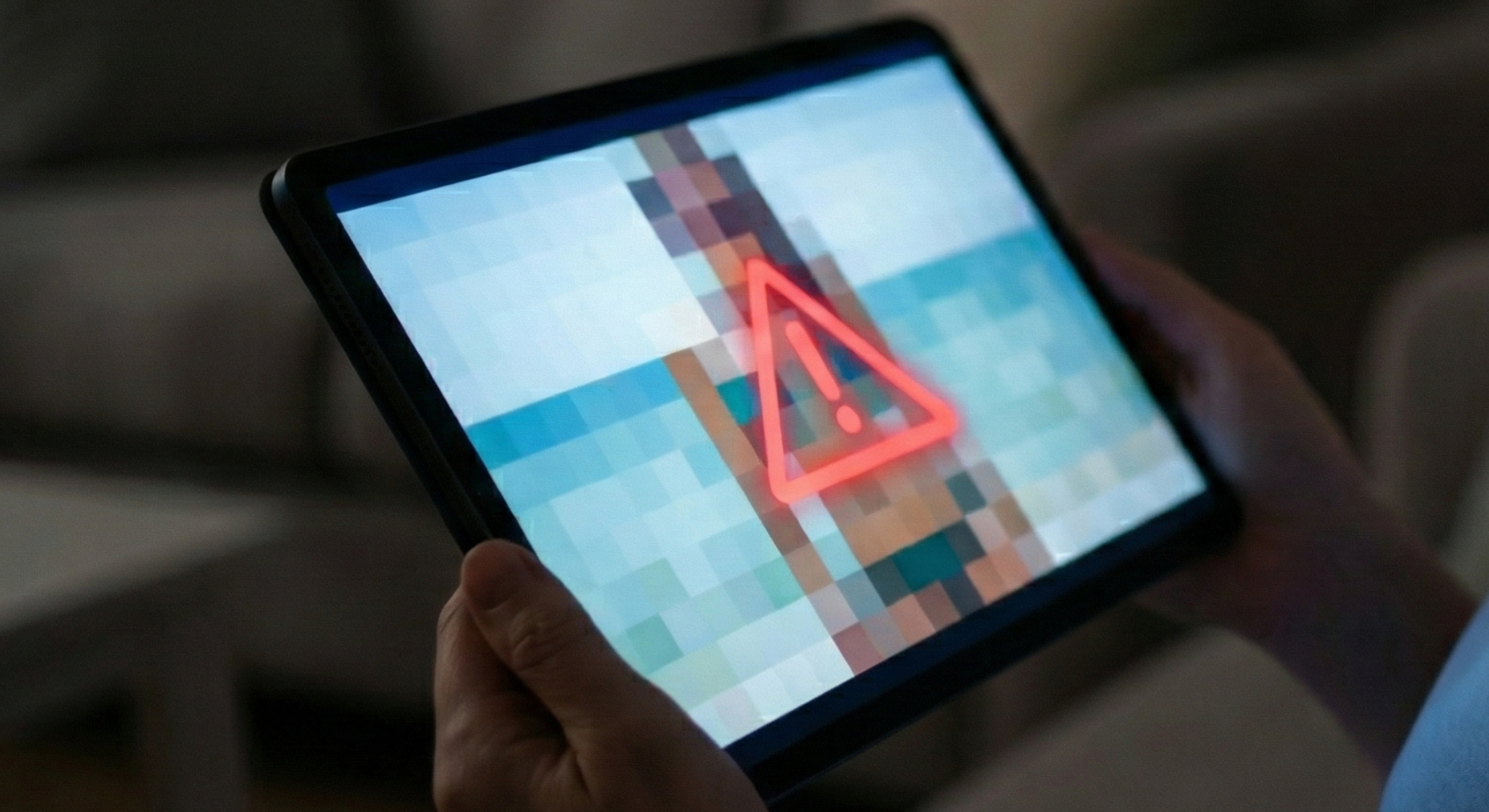 Tablet in erwachsenen Händen mit stark pixeliertem Bild und rotem Warnsymbol als Hinweis auf gefährliche KI Inhalte und Risiken für Kinder im Netz