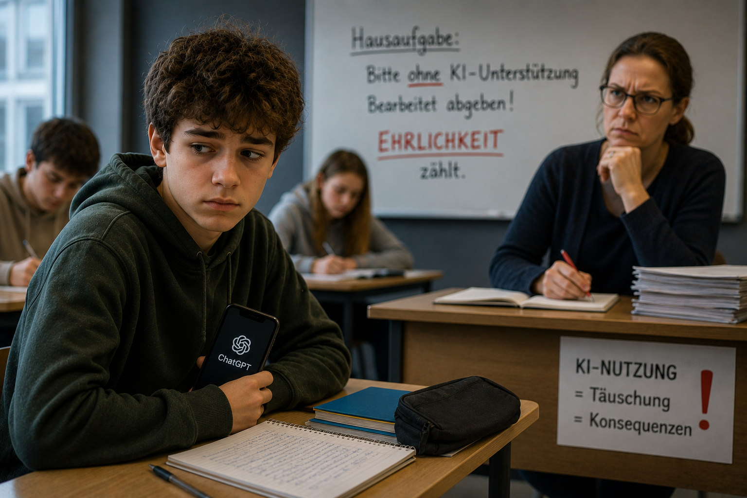 Nachdenklicher Jugendlicher sitzt mit Smartphone im Klassenraum und wirkt unsicher, während eine Lehrerin ihn kritisch beobachtet und die angespannte Stimmung den Druck rund um heimliche KI-Nutzung in der Schule sichtbar macht.