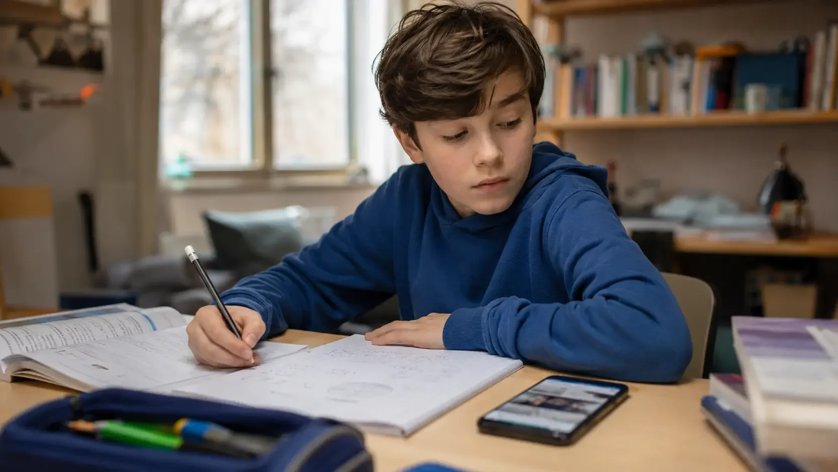 Ein Schüler macht Hausaufgaben, während neben seinem Arbeitsheft ein Smartphone mit geöffnetem Social-Media-Feed liegt.