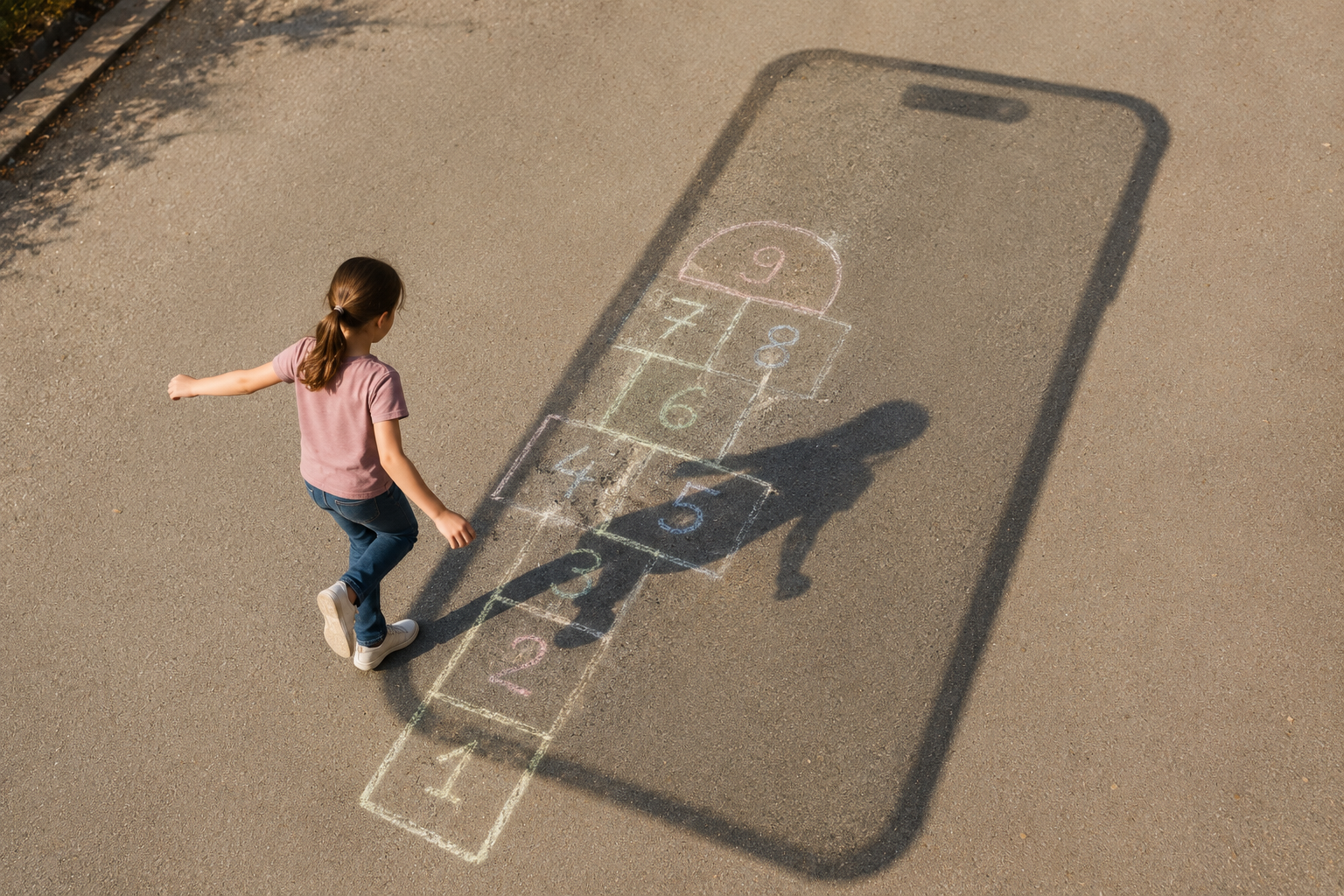 Ein spielendes Kind hüpft über ein Hüpfspiel auf dem Boden, während der große Schatten eines Smartphones die Szene überlagert. Das Bild symbolisiert, wie Smartphones und digitale Medien die Kindheit zunehmend prägen und überschatten.