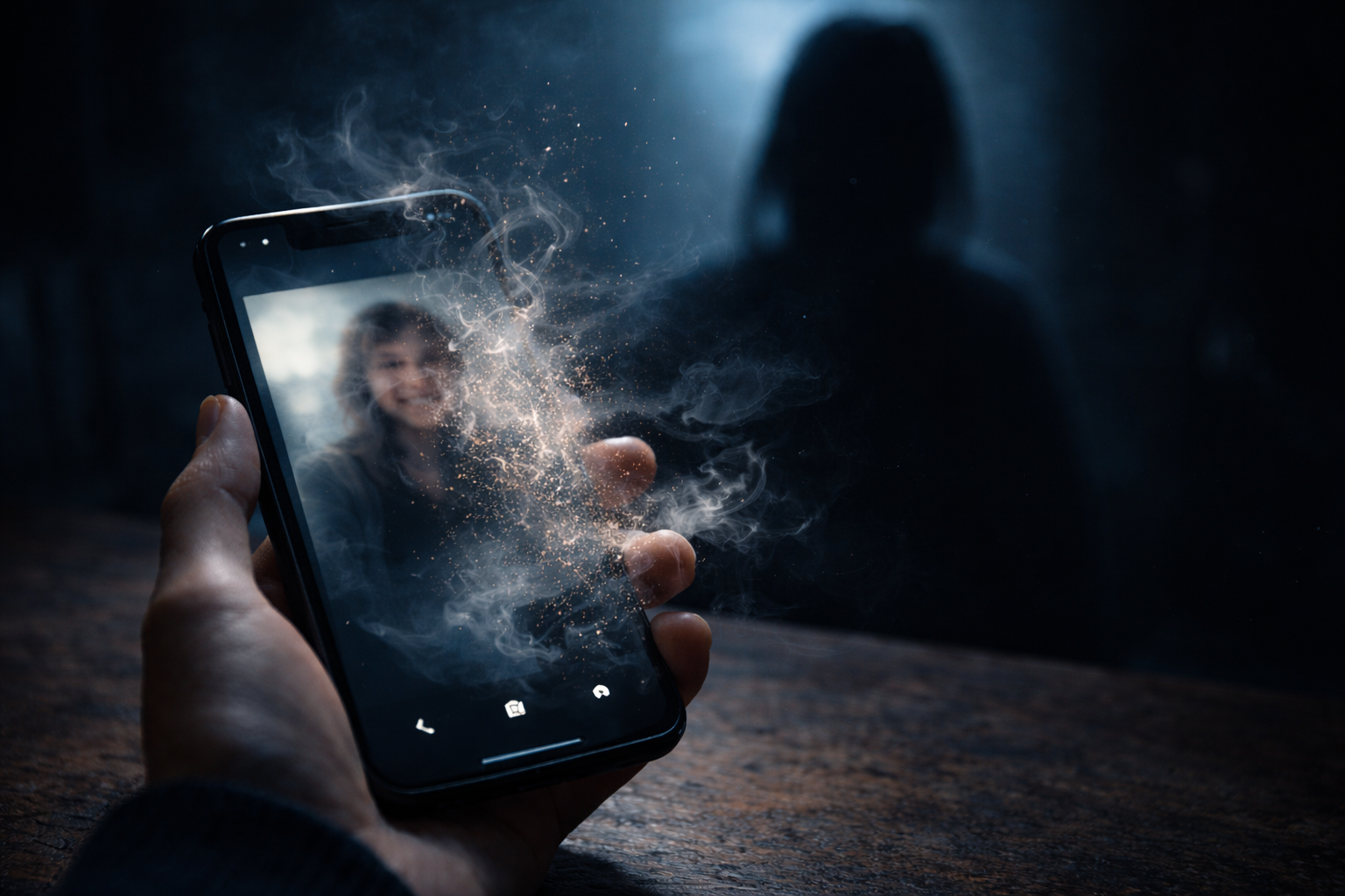 Nahaufnahme eines Smartphones, auf dessen Display ein Bild verschwindet, während sich im dunklen Hintergrund die Silhouette einer Person abzeichnet