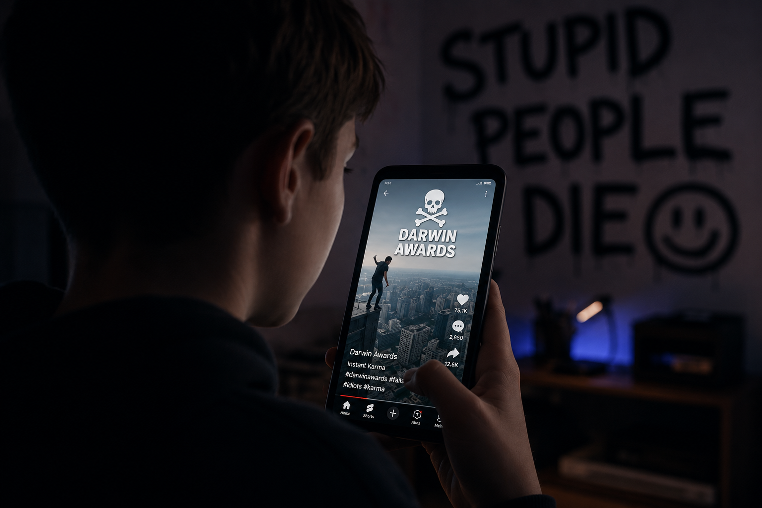 Jugendlicher schaut nachts auf dem Smartphone ein gefährliches „Darwin Awards“-Video in sozialen Medien, während im Hintergrund eine düstere Atmosphäre und spöttische Botschaften zu sehen sind.