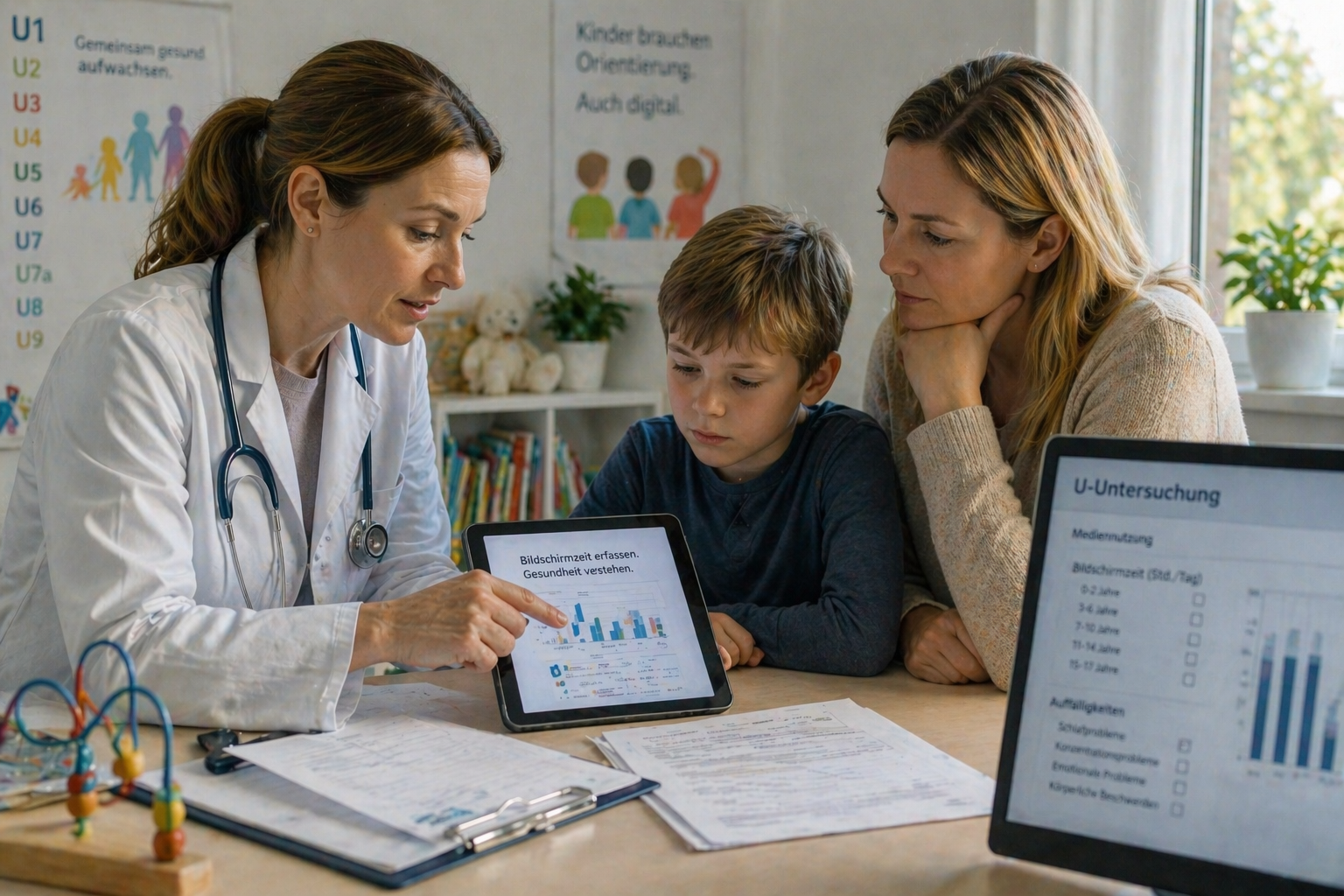 Kinderärztin bespricht mit Mutter und Kind bei einer U Untersuchung die Erfassung von Bildschirmzeit anhand von Daten auf einem Tablet