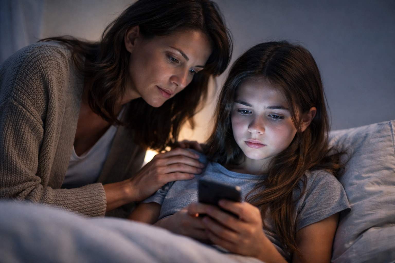 Mutter sitzt abends neben ihrer Tochter im Bett und blickt besorgt auf das Smartphone in den Händen des Kindes, das vom Displaylicht beleuchtet wird.