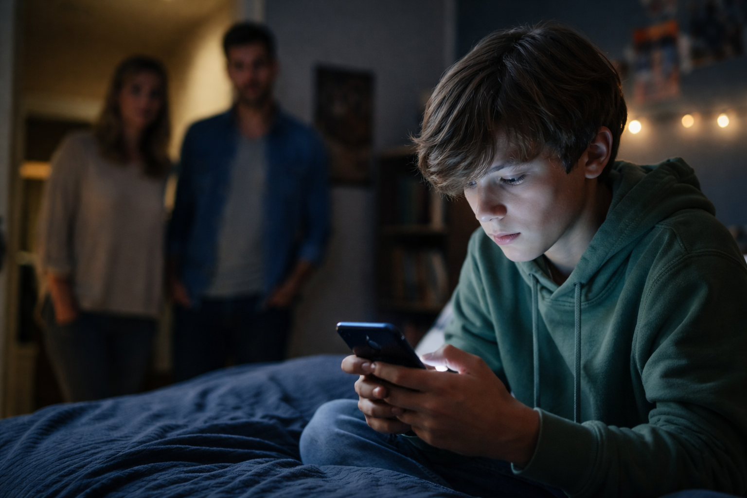 Ein Jugendlicher sitzt abends auf seinem Bett und blickt auf ein Smartphone, während zwei besorgte Erwachsene unscharf im Hintergrund in der Tür stehen.
