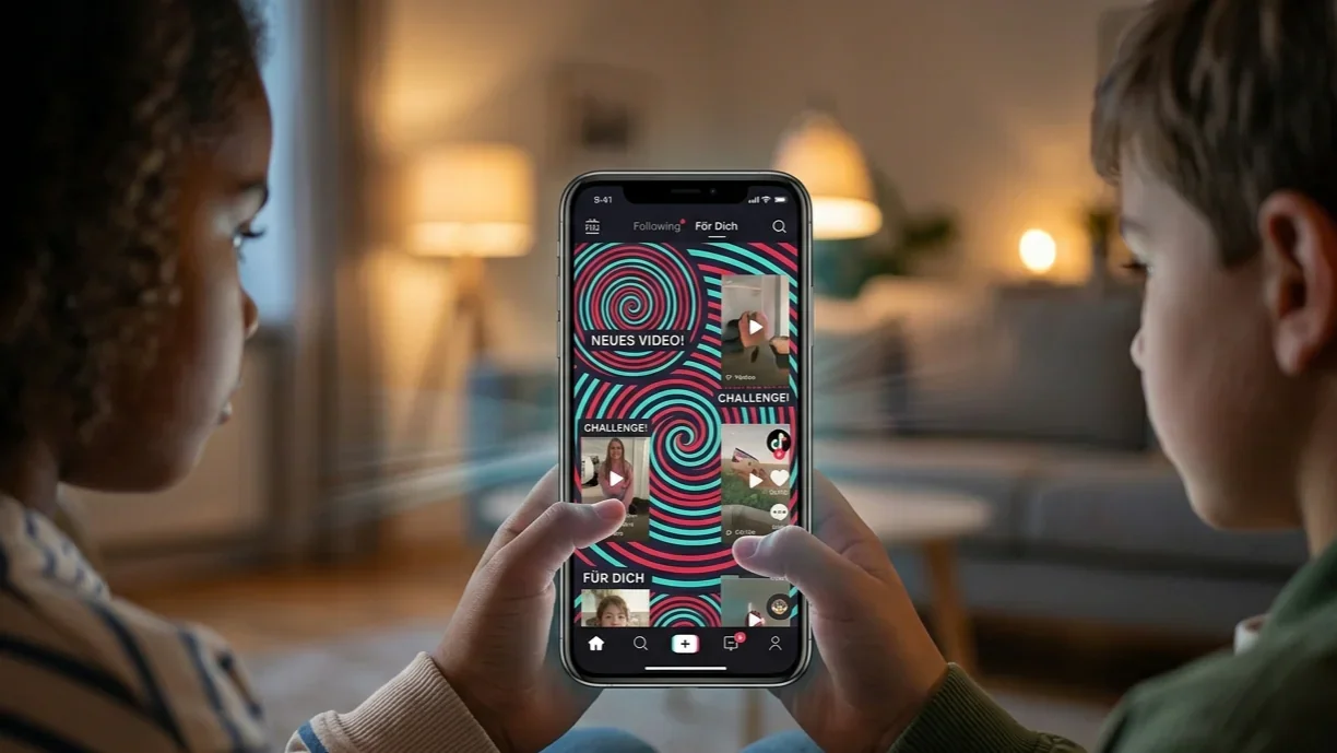 Zwei Kinder betrachten ein Smartphone mit bunten Kurzvideos und einem Für-dich-Feed.