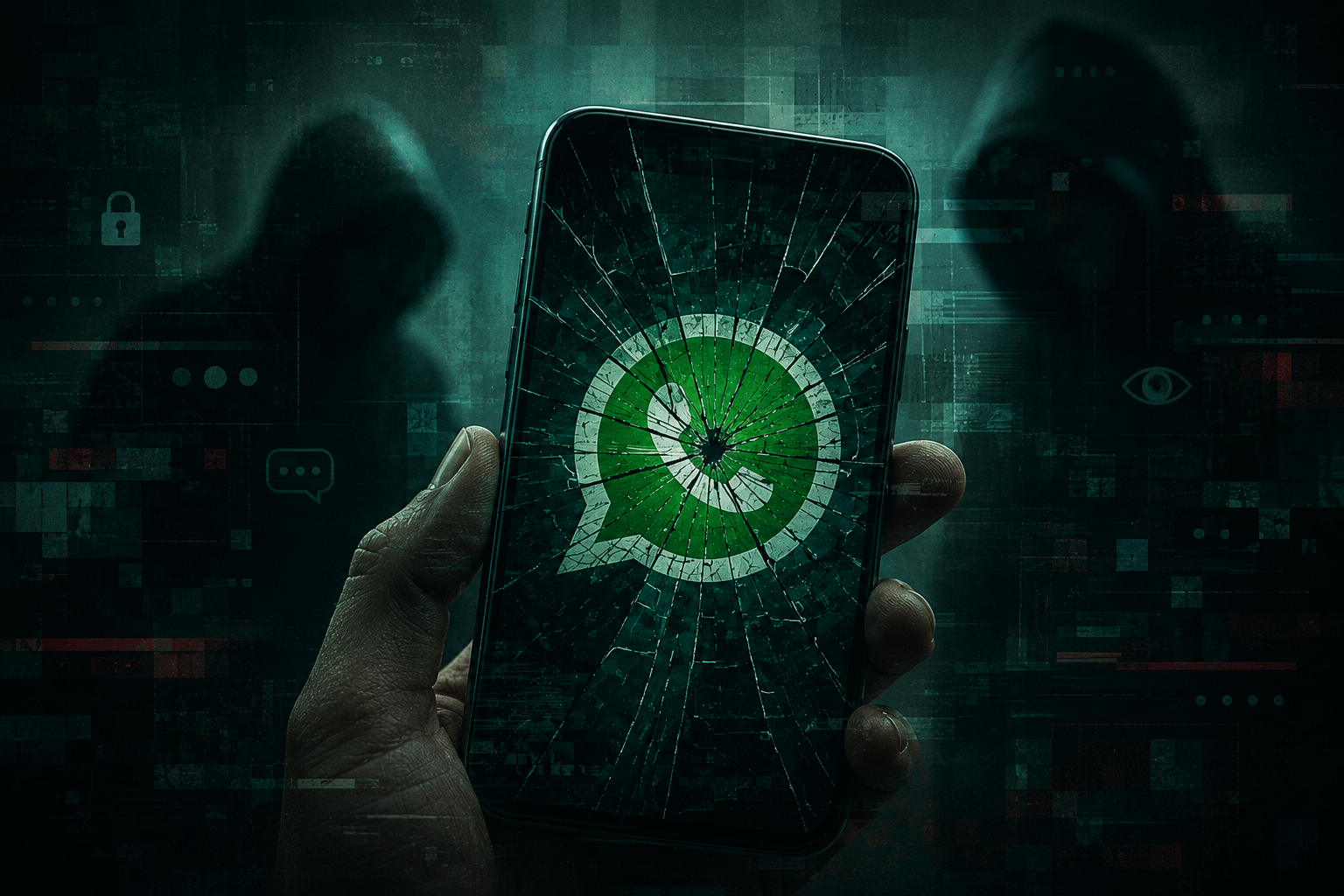 Ein beschädigtes Smartphone mit abstrahiertem Messenger-Symbol wird vor dunklen Schattenfiguren gehalten, während digitale Störungen und Fragmentierungen die Risiken moderner Onlinekommunikation andeuten.