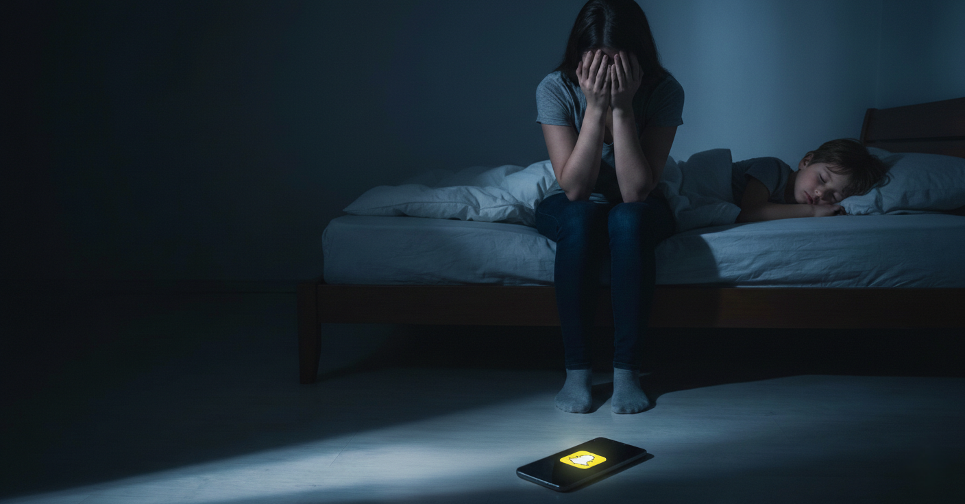 Ein Mädchen sitzt nachts auf einem Bett und hält das Gesicht in den Händen, im Vordergrund liegt ein Smartphone mit geöffnetem Snapchat-Logo auf dem Boden, der Raum ist dunkel und kühl ausgeleuchtet.