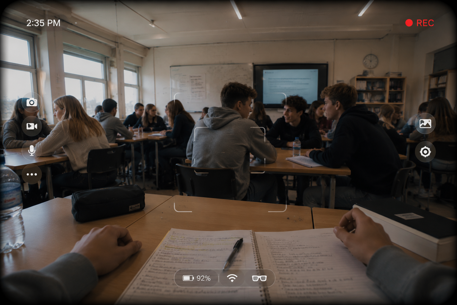 Blick aus der Perspektive einer Smartglass im Klassenzimmer. Mehrere Schülerinnen und Schüler sitzen im Unterricht und sprechen miteinander, während ein digitales Aufnahme-Interface mit rotem „REC“-Symbol eingeblendet ist.