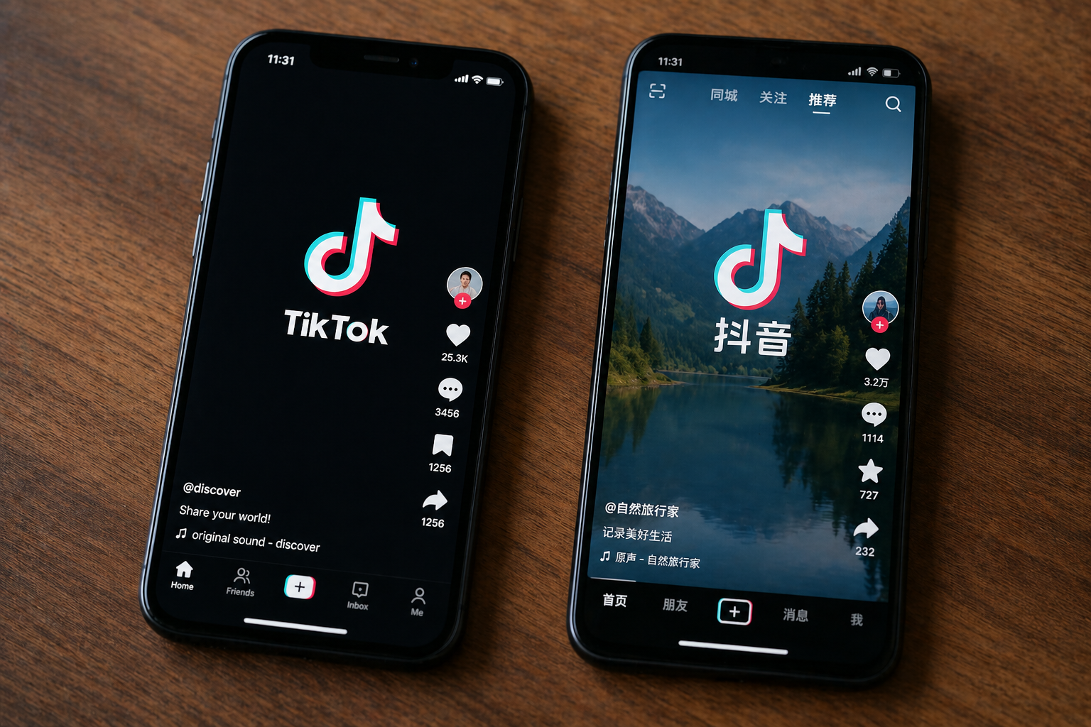 Zwei Smartphones nebeneinander auf einem Tisch, links TikTok mit typischer Videooberfläche, rechts Douyin mit chinesischer Benutzeroberfläche, als visueller Vergleich der Plattformen und ihres Umgangs mit Inhalten für Kinder.