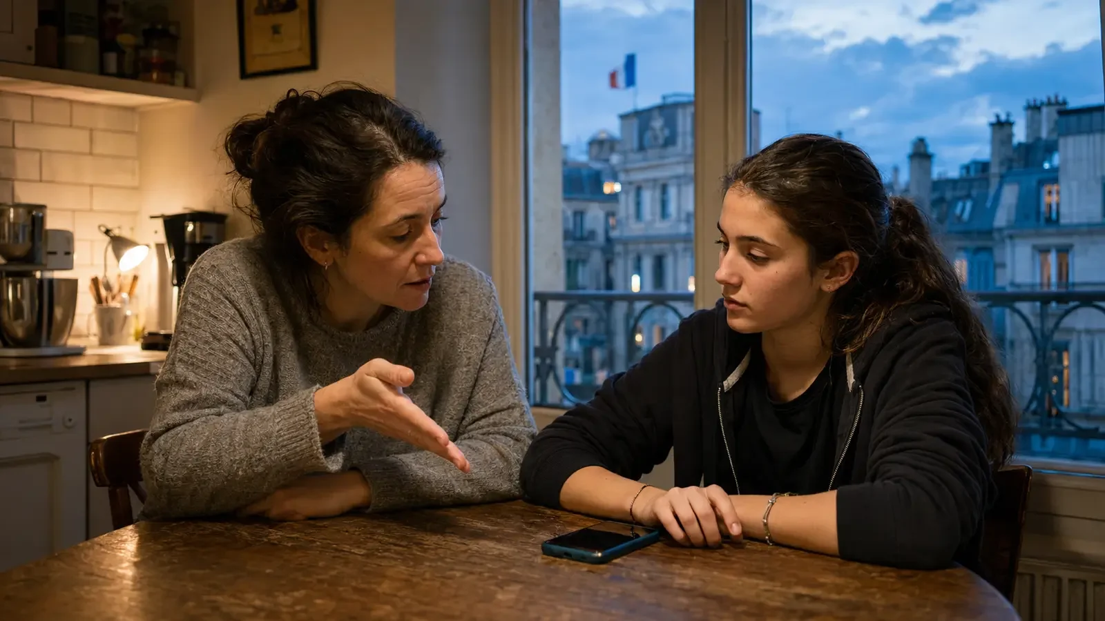Eine Mutter spricht mit ihrer jugendlichen Tochter in einer Pariser Wohnung über deren Smartphone und den Umgang mit sozialen Medien. Im Hintergrund ist eine französische Flagge zu sehen.