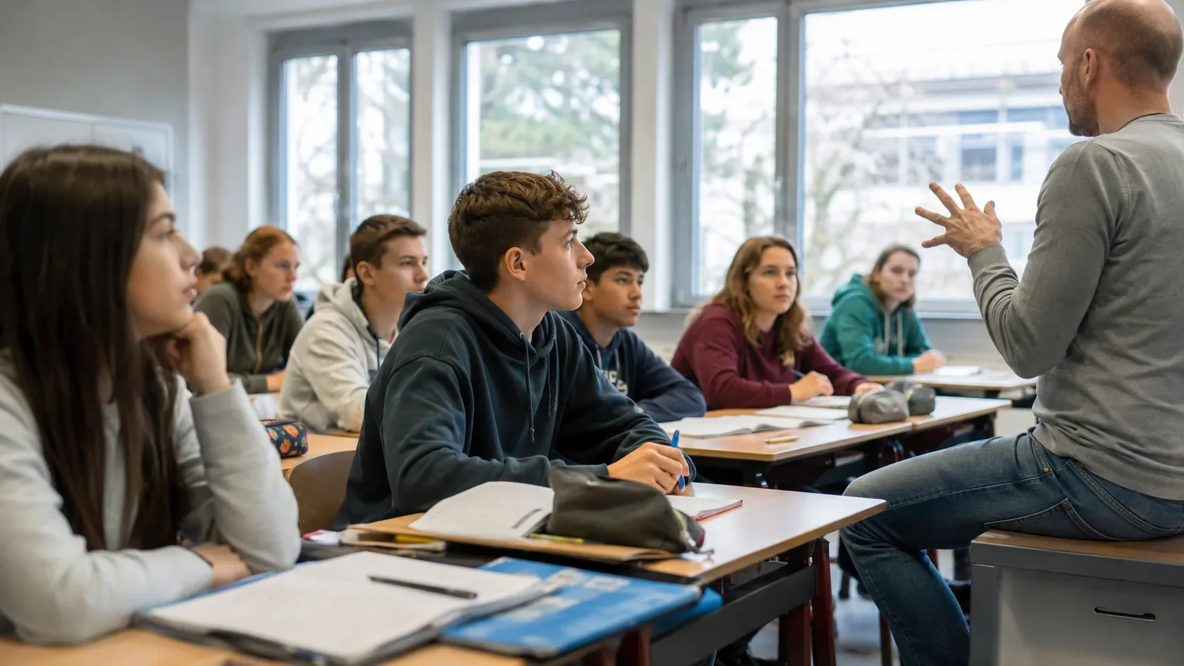 Schülerinnen und Schüler verfolgen aufmerksam den Unterricht in einem Klassenzimmer ohne sichtbare Smartphones.
