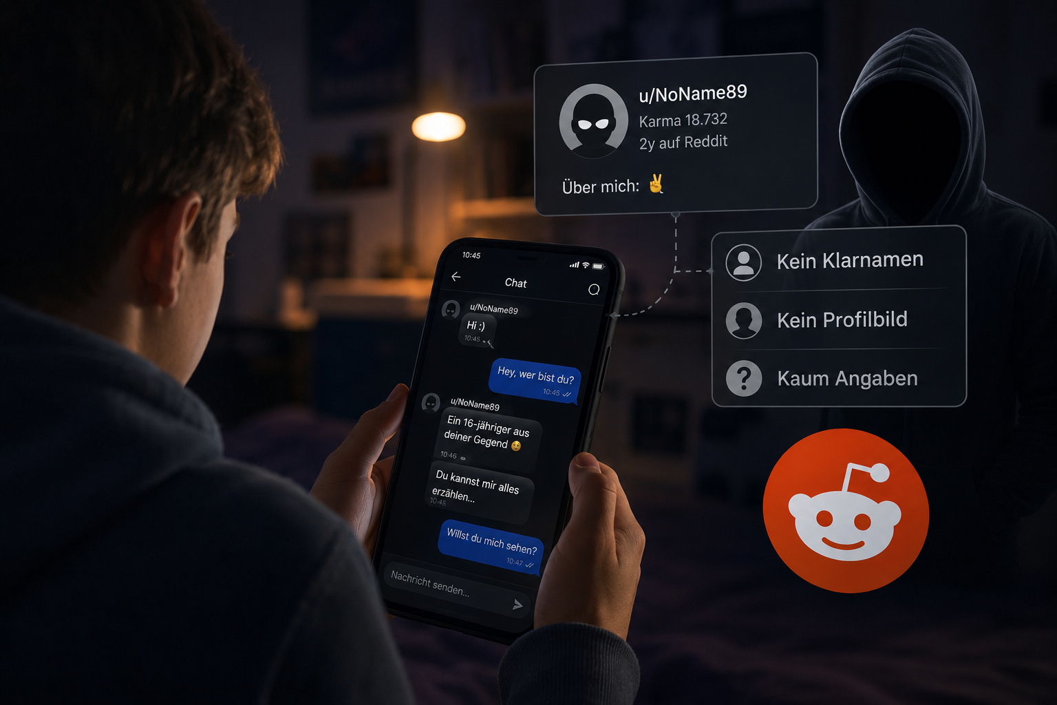 Jugendlicher schreibt nachts auf Reddit mit einem anonymen Nutzer, während eine dunkle, gesichtslose Figur im Hintergrund steht und die Risiken anonymer Online-Kontakte symbolisiert.