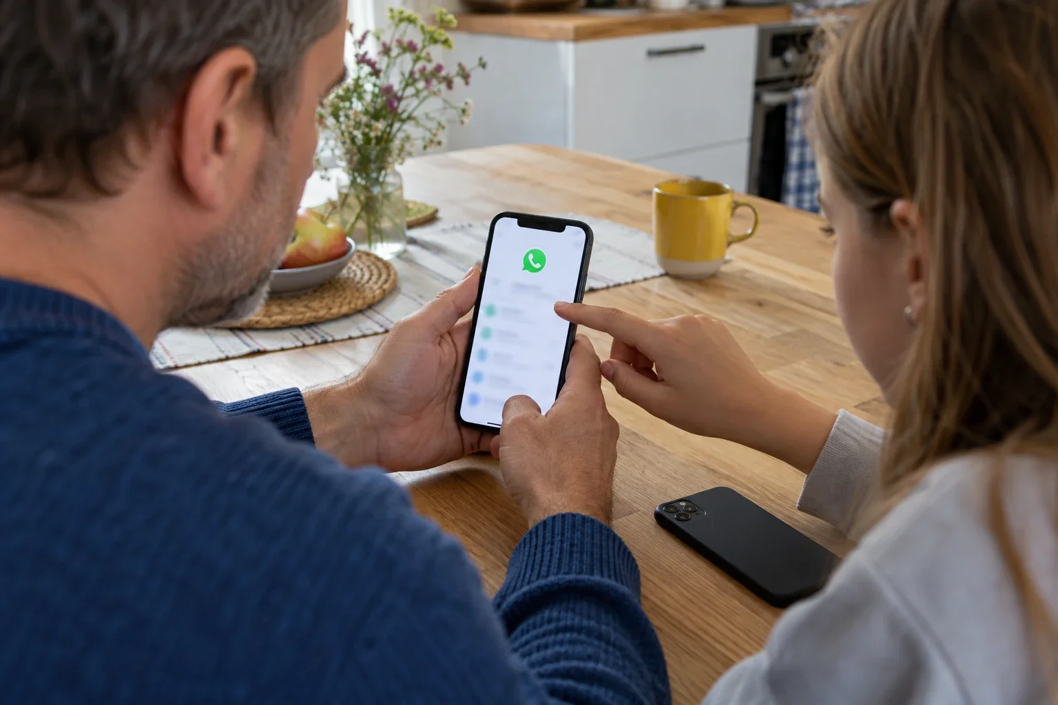 Ein Vater und eine Jugendliche bedienen gemeinsam ein Smartphone; auf dem Display ist ein WhatsApp-Symbol zu sehen. KI-generiertes Symbolbild.