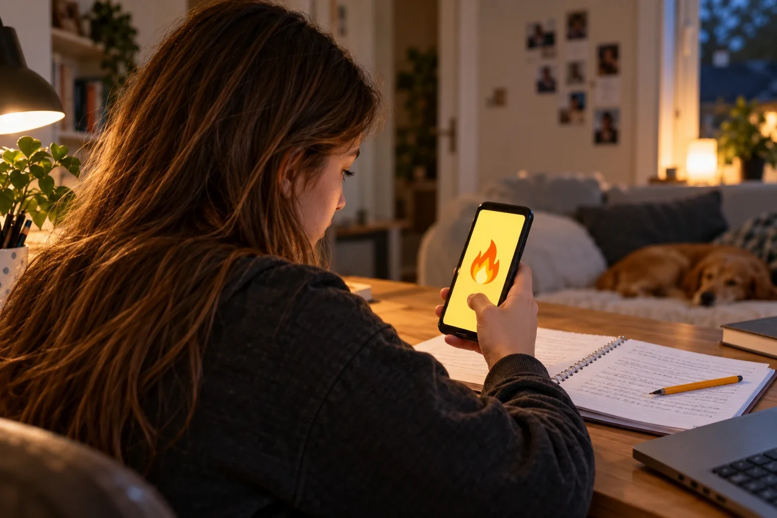 Eine Jugendliche unterbricht ihre Hausaufgaben und schaut auf ihr Smartphone. Auf dem Display ist ein Flammensymbol zu sehen.
