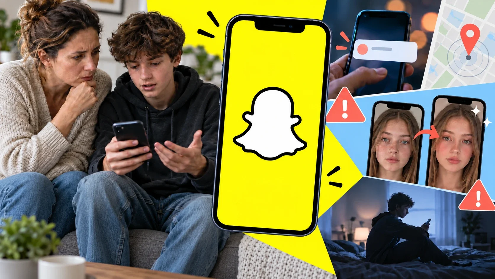 Mutter und Jugendlicher betrachten gemeinsam ein Smartphone. In der Mitte der Collage ist ein gelbes Display mit Snapchat-Geist zu sehen, daneben Symbole für Nachrichten, Standort, Schönheitsfilter und Warnungen.
