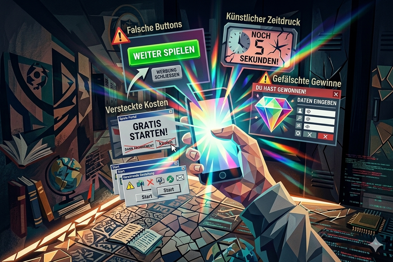 Illustration von Dark Patterns auf einem Smartphone in einem dunklen Raum, mit manipulativen Einblendungen zu falschen Buttons, gefälschten Gewinnen, künstlichem Zeitdruck und versteckten Kosten.