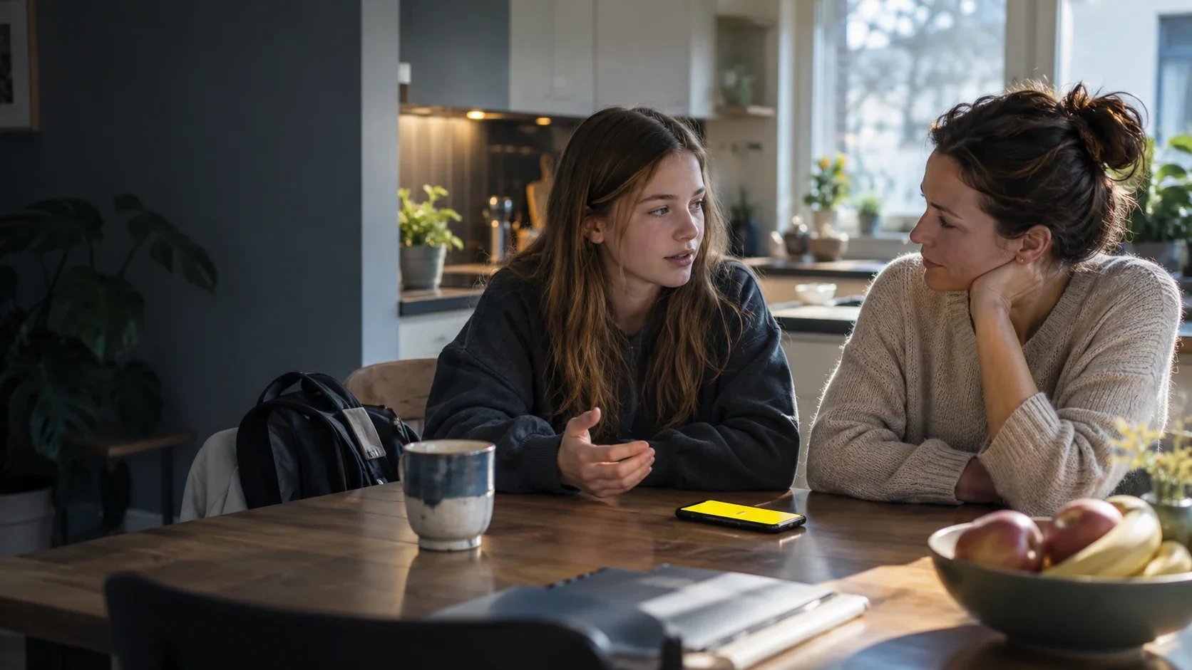 Eine Jugendliche spricht mit ihrer Mutter am Küchentisch. Die Mutter hört aufmerksam zu. Zwischen ihnen liegt ein Smartphone mit gelbem Bildschirm.