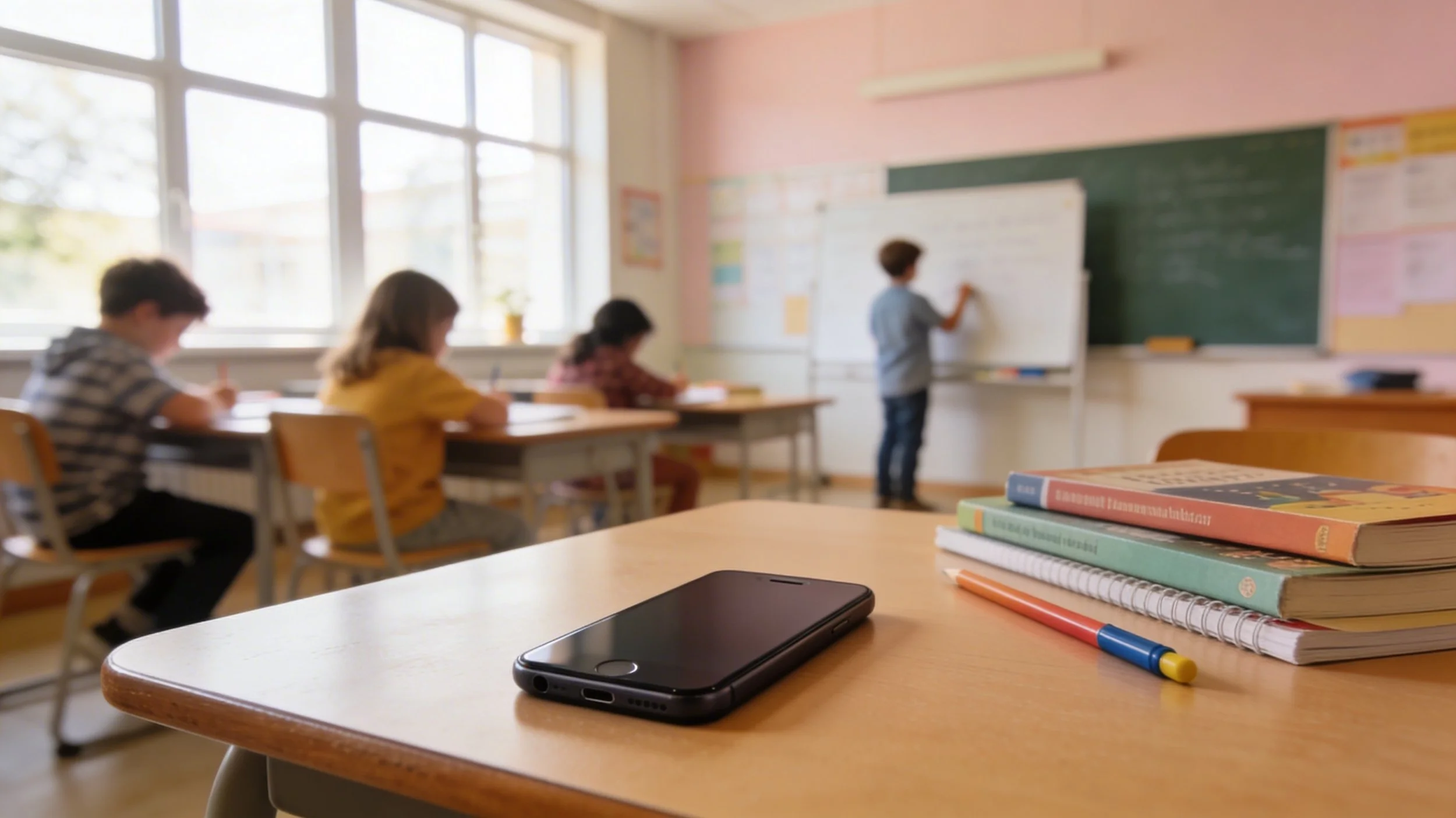 Ausgeschaltetes Smartphone auf einem Schultisch, im Hintergrund lernen Schülerinnen und Schüler ohne Handy in einem Klassenzimmer