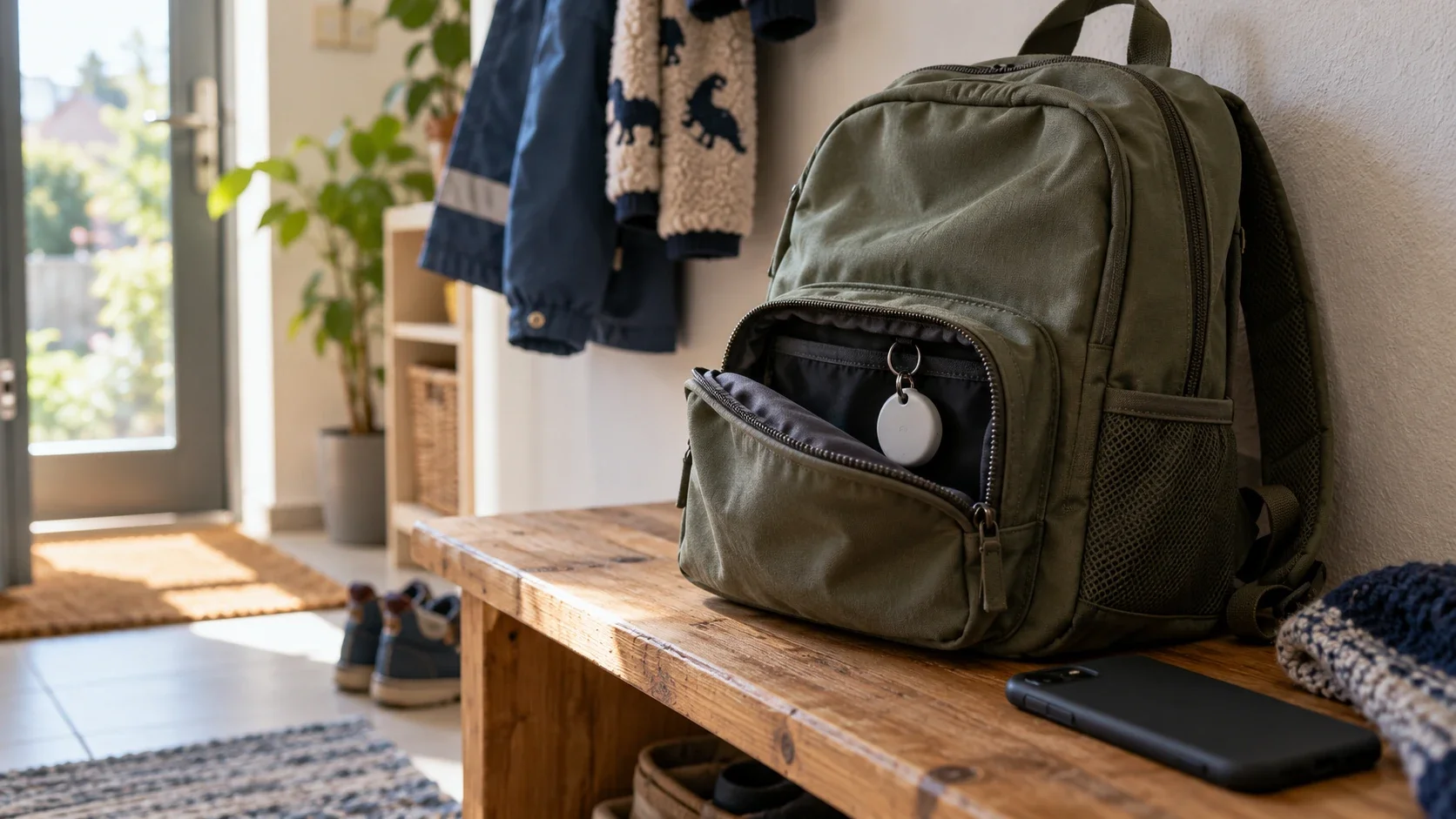 Ein kleiner Ortungsanhänger steckt in der offenen Vordertasche eines Schulrucksacks auf einer Bank im Flur.