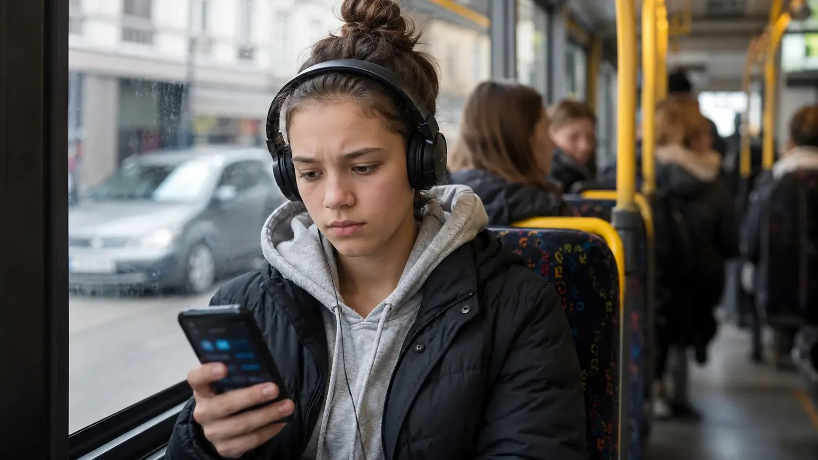 Eine Jugendliche betrachtet während einer Busfahrt mit unsicherem Gesichtsausdruck eine Nachricht auf ihrem Smartphone.