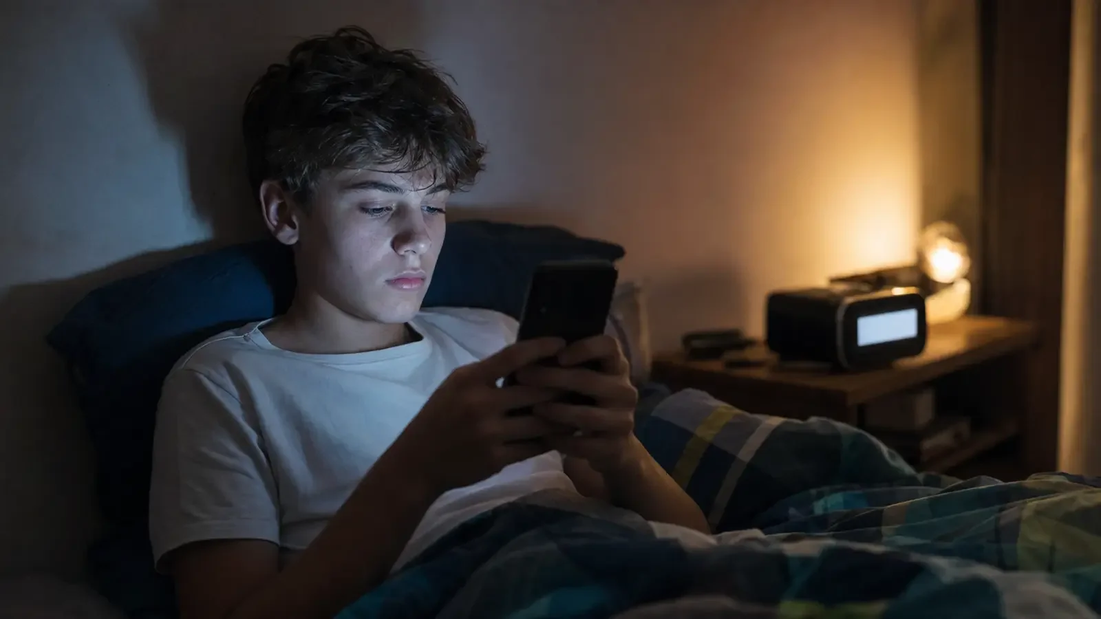 Ein Jugendlicher nutzt nachts im Bett sein Smartphone, obwohl es bereits spät ist. Position: Vor dem Abschnitt „Welche Regeln Meta akzeptiert“.