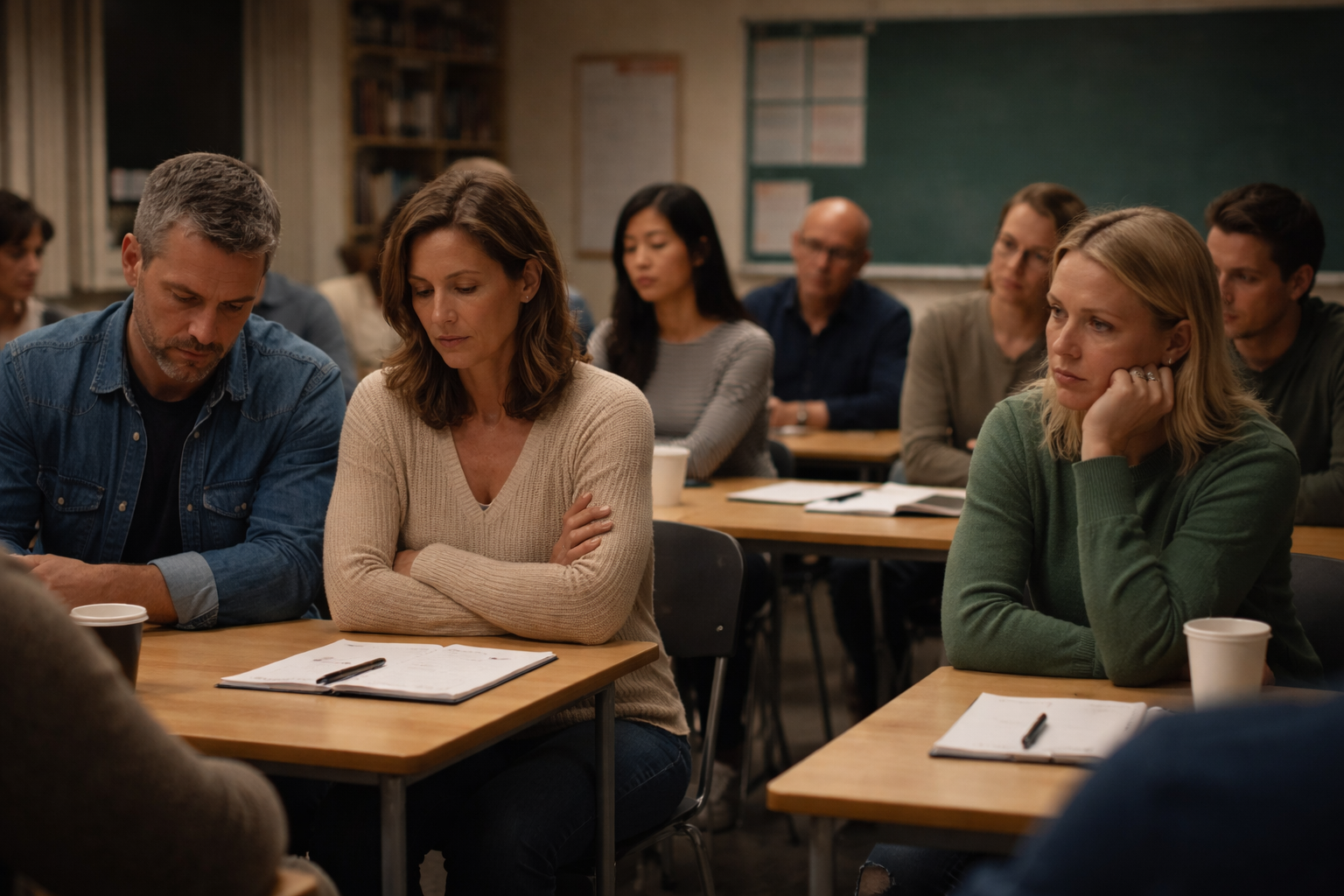 Eltern sitzen bei einem Elternabend in einem Klassenzimmer, mehrere schauen nach unten oder wirken nachdenklich, während eine spürbar angespannte Stimmung im Raum liegt