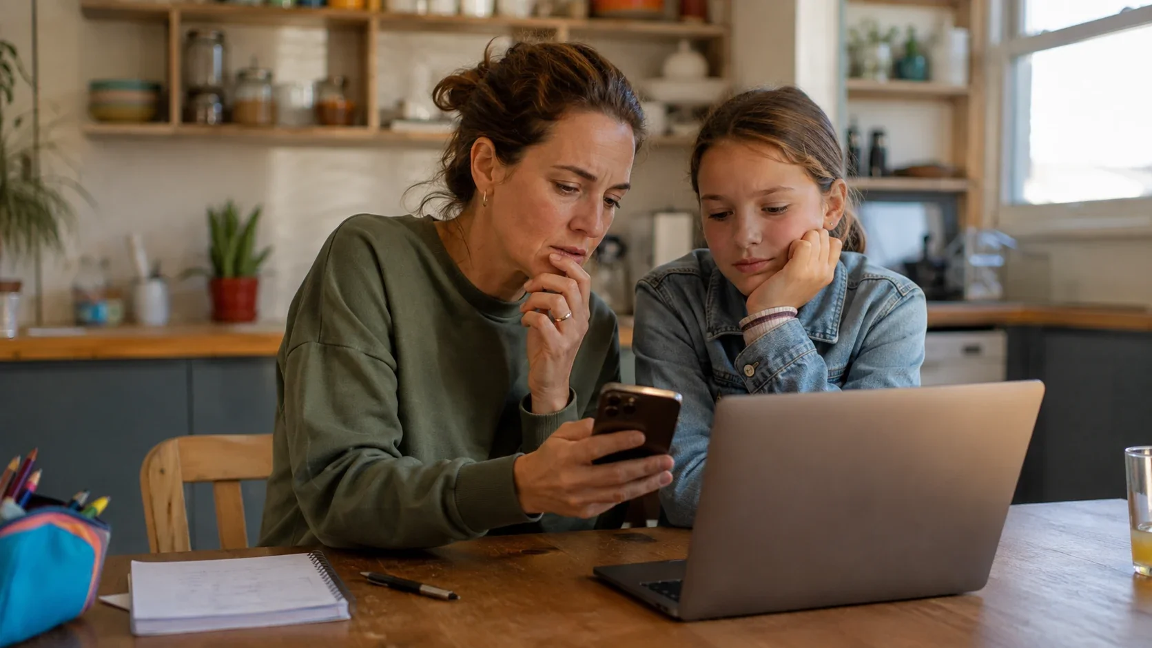 Mutter und Tochter sitzen gemeinsam am Küchentisch mit Laptop und Smartphone und schauen nachdenklich auf den Bildschirm. Das Bild steht für gemeinsame Begleitung, Fragen rund um digitale Medien und die Rolle der Eltern.