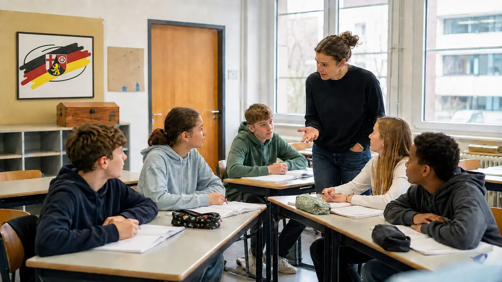 Schülerinnen und Schüler arbeiten konzentriert mit ihrer Lehrerin in einem smartphonefreien Klassenraum in Rheinland-Pfalz.
