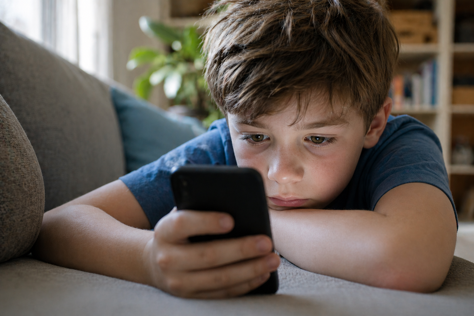 Kind liegt auf einem Sofa und schaut konzentriert auf ein Smartphone, Alltagssituation zur Nutzung von digitalen Medien und Bildschirmzeit bei Kindern.