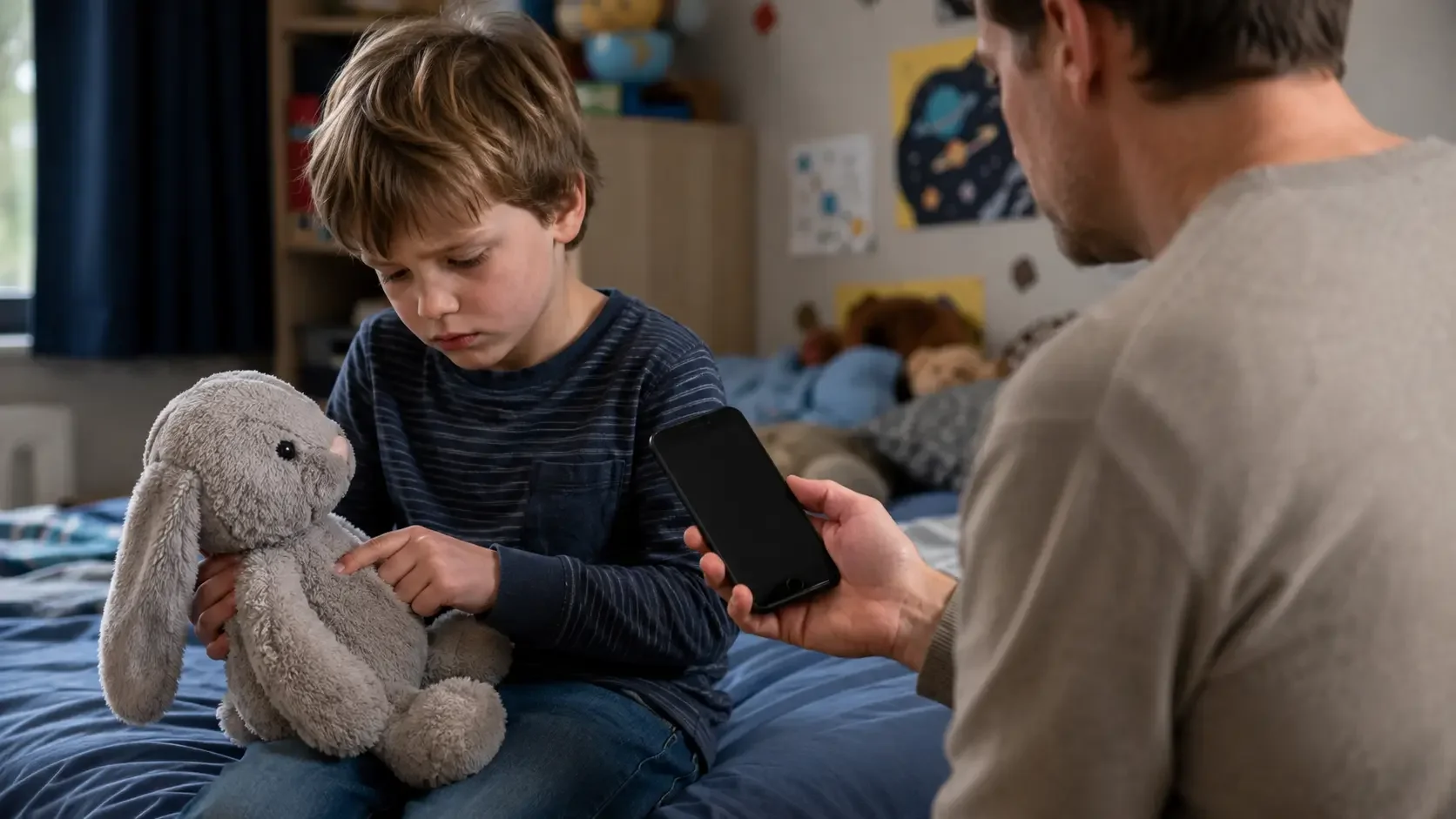 Ein Vater spricht mit seinem Sohn über ein vernetztes Spielzeug und zeigt ihm dabei ein Smartphone.