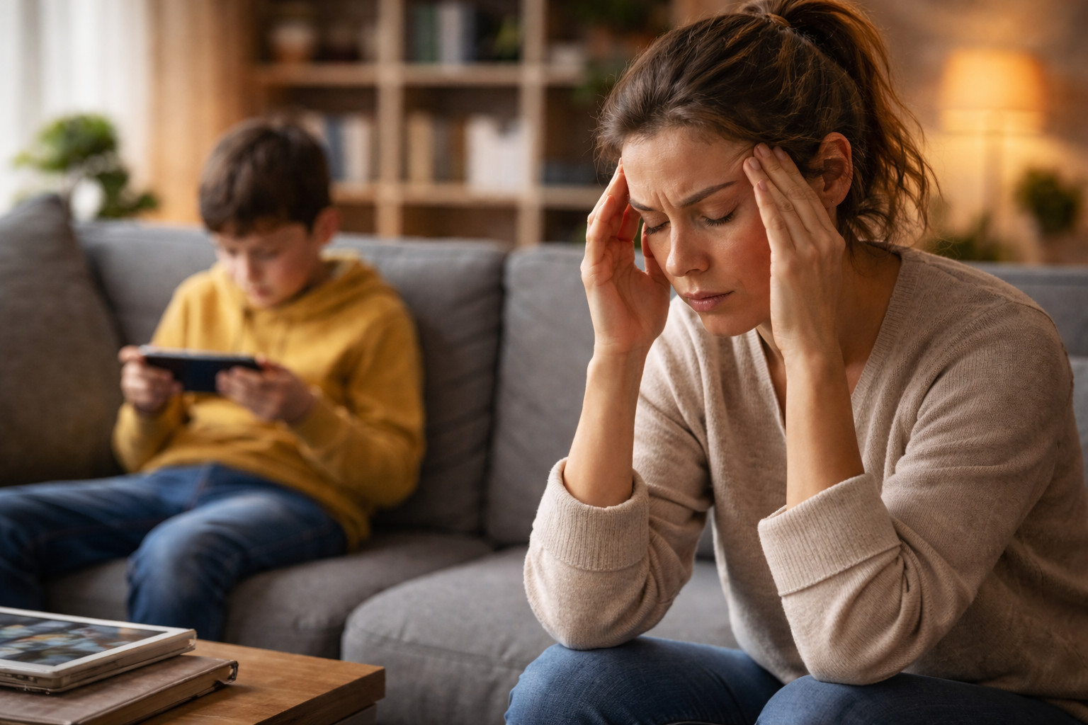 Mutter sitzt nachdenklich auf einem Sofa und hält sich die Schläfen, während ihr Sohn neben ihr konzentriert auf ein Smartphone schaut.