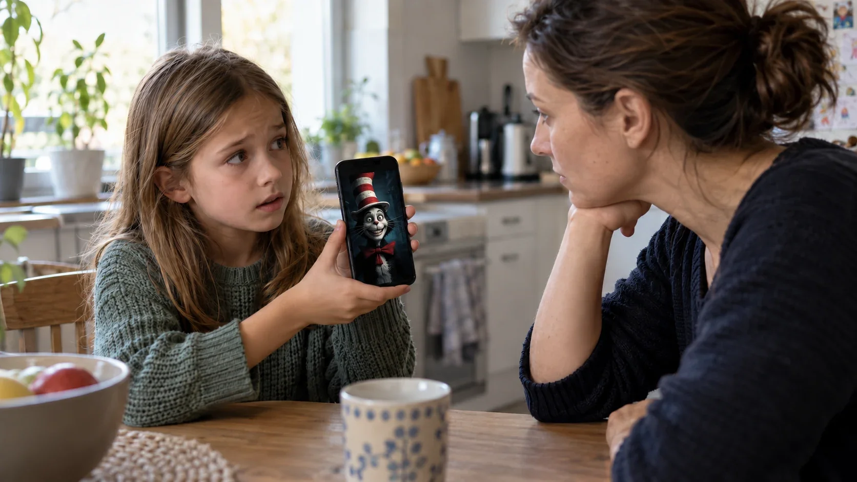 Ein besorgtes Kind zeigt seiner Mutter ein unheimliches Katzenvideo auf dem Smartphone; die Mutter hört ruhig zu.