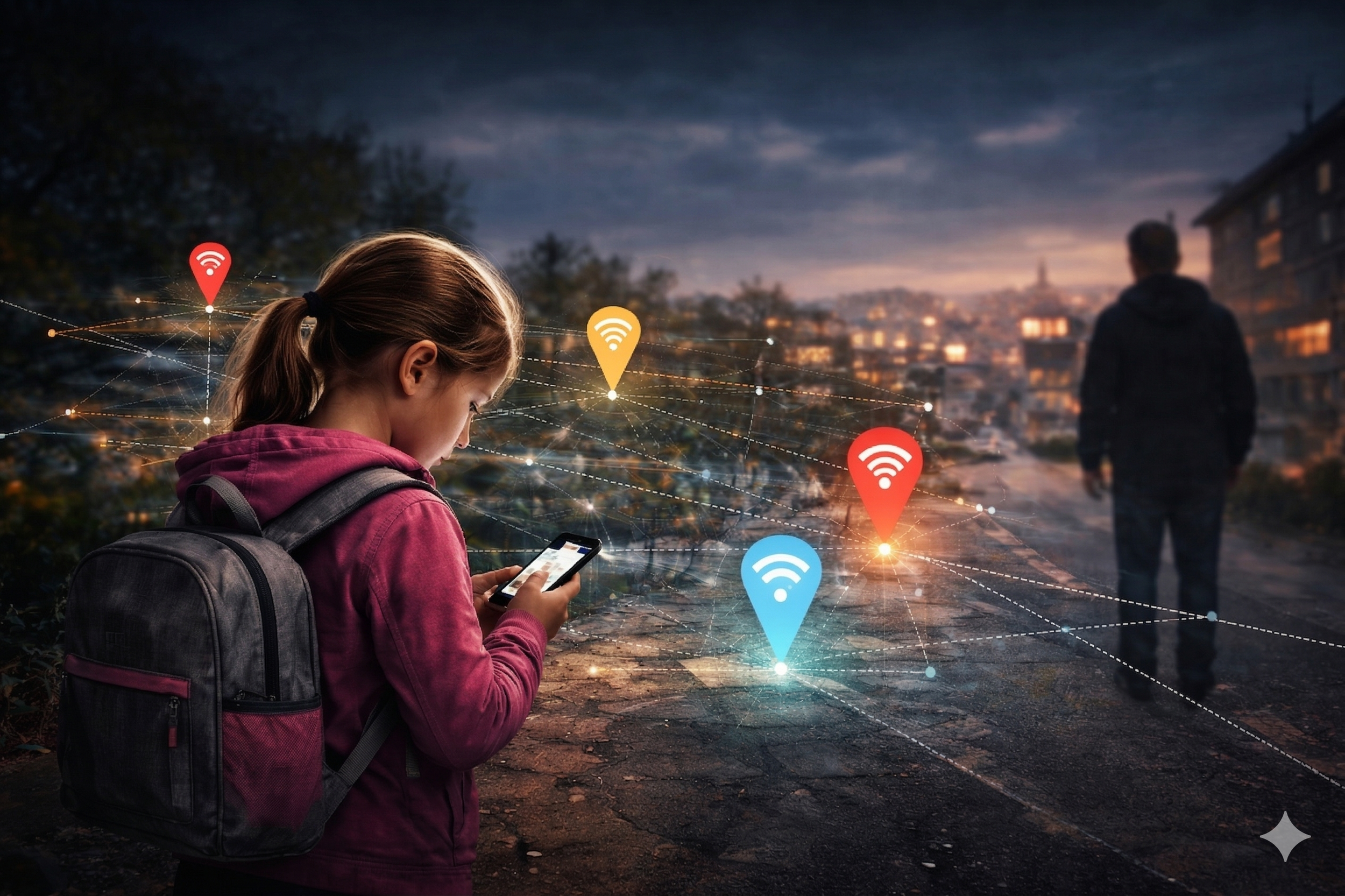 Mädchen mit Smartphone auf einer Straße am Abend, während digitale Standortpunkte und Verbindungen ihre Bewegungen sichtbar machen