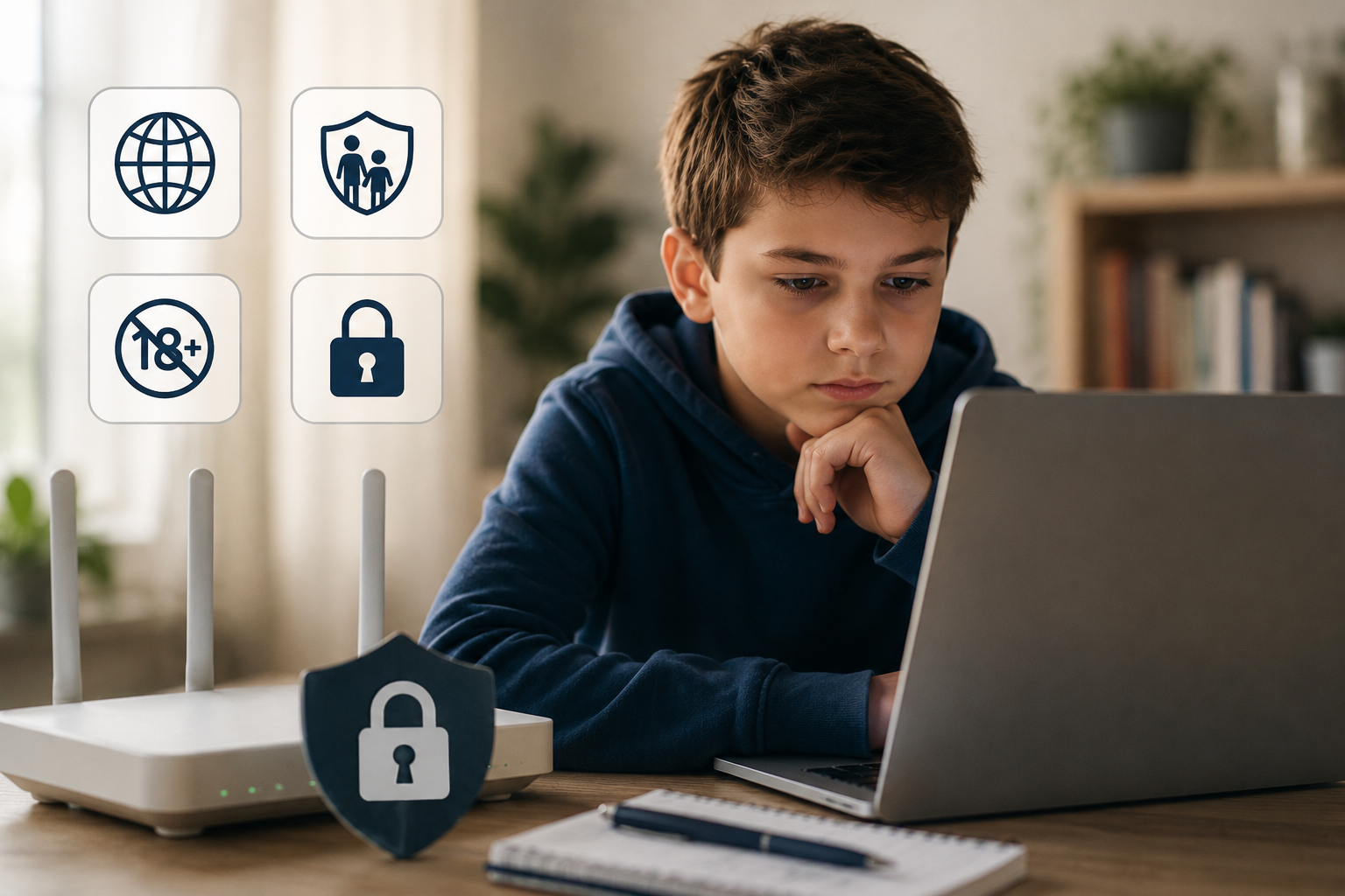 Junge sitzt zuhause konzentriert vor einem Laptop, daneben ein WLAN-Router mit Symbolen für Webfilter, Jugendschutz und sicheres Heimnetz.