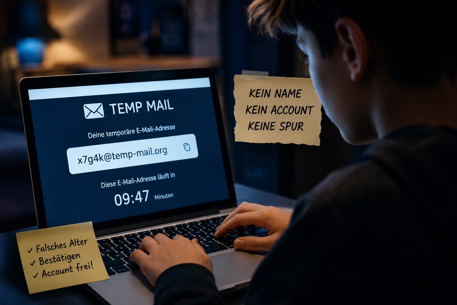 Jugendlicher sitzt nachts vor einem Laptop und erstellt anonym einen Online-Account mit einer Wegwerf-E-Mail-Adresse.