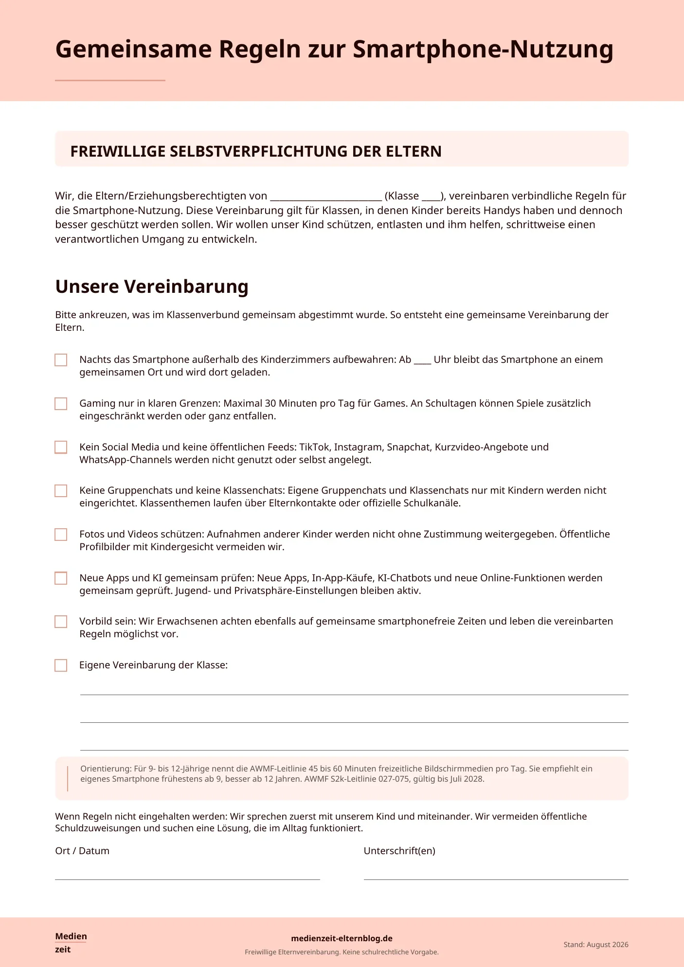Freiwillige Elternvereinbarung von Medienzeit mit gemeinsamen Regeln zur Smartphone-Nutzung, darunter Bildschirmzeiten, Social Media, Klassenchats, Fotos, Apps und KI.