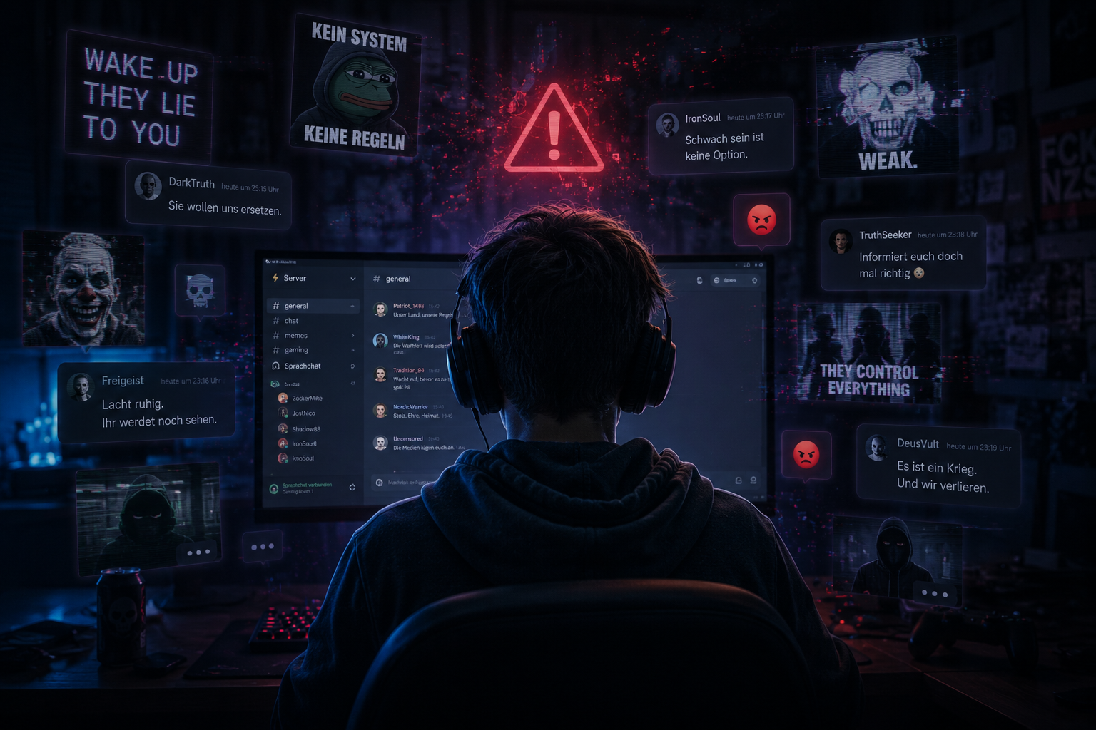 Ein Jugendlicher mit Headset sitzt nachts vor mehreren Bildschirmen, während aggressive Chatnachrichten, verzerrte Memes und bedrohliche digitale Symbole eine düstere Gaming- und Community-Atmosphäre erzeugen.