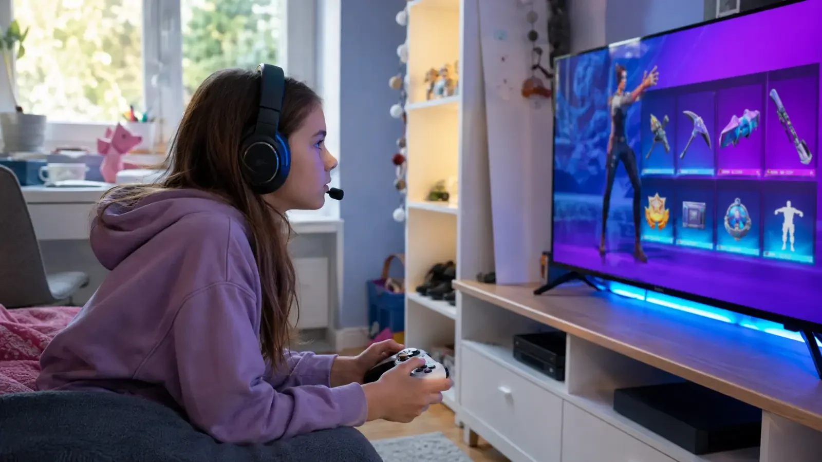 Ein Mädchen spielt Fortnite und betrachtet digitale Gegenstände im In-Game-Shop.