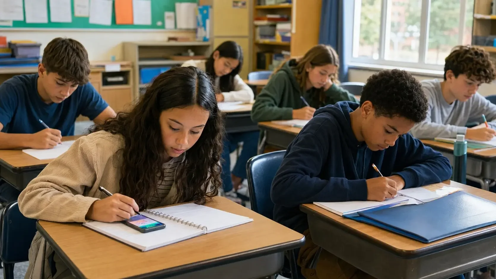 Eine Schülerin schaut während einer Schreibaufgabe im Unterricht auf ein Smartphone, während ihre Mitschüler weiterarbeiten.