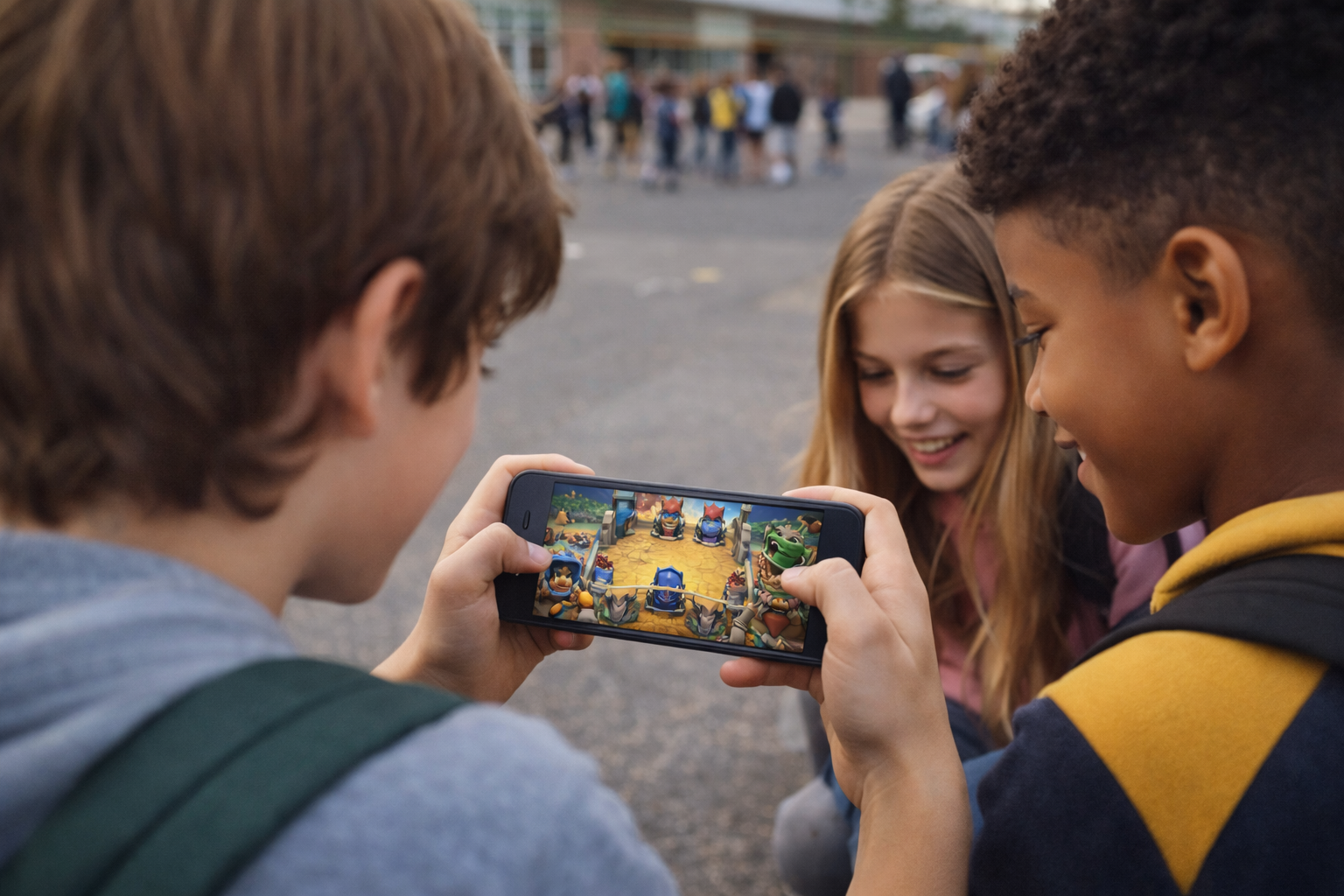 Kinder auf einem Schulhof schauen gemeinsam auf ein Smartphone und spielen ein Mobile Game wie Clash Royale, fotografiert aus der Perspektive über die Schulter eines Kindes.
