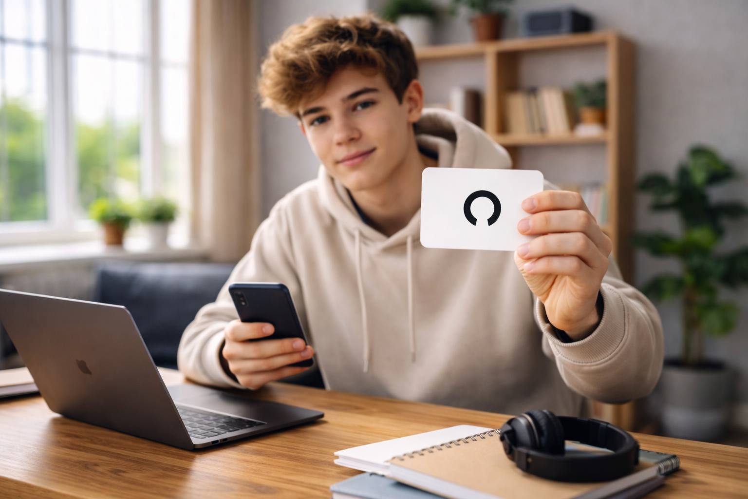 Jugendlicher sitzt am Schreibtisch und hält eine NFC-Karte zur Kontrolle von Smartphone-Nutzung in der Hand