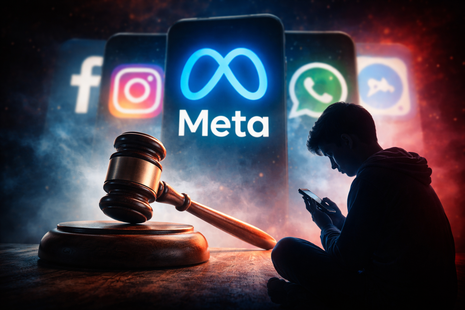 Jugendlicher sitzt im Dunkeln mit Smartphone, im Hintergrund Symbole von Meta-Plattformen und ein Richterhammer als Zeichen für ein Gerichtsurteil zum Kinderschutz