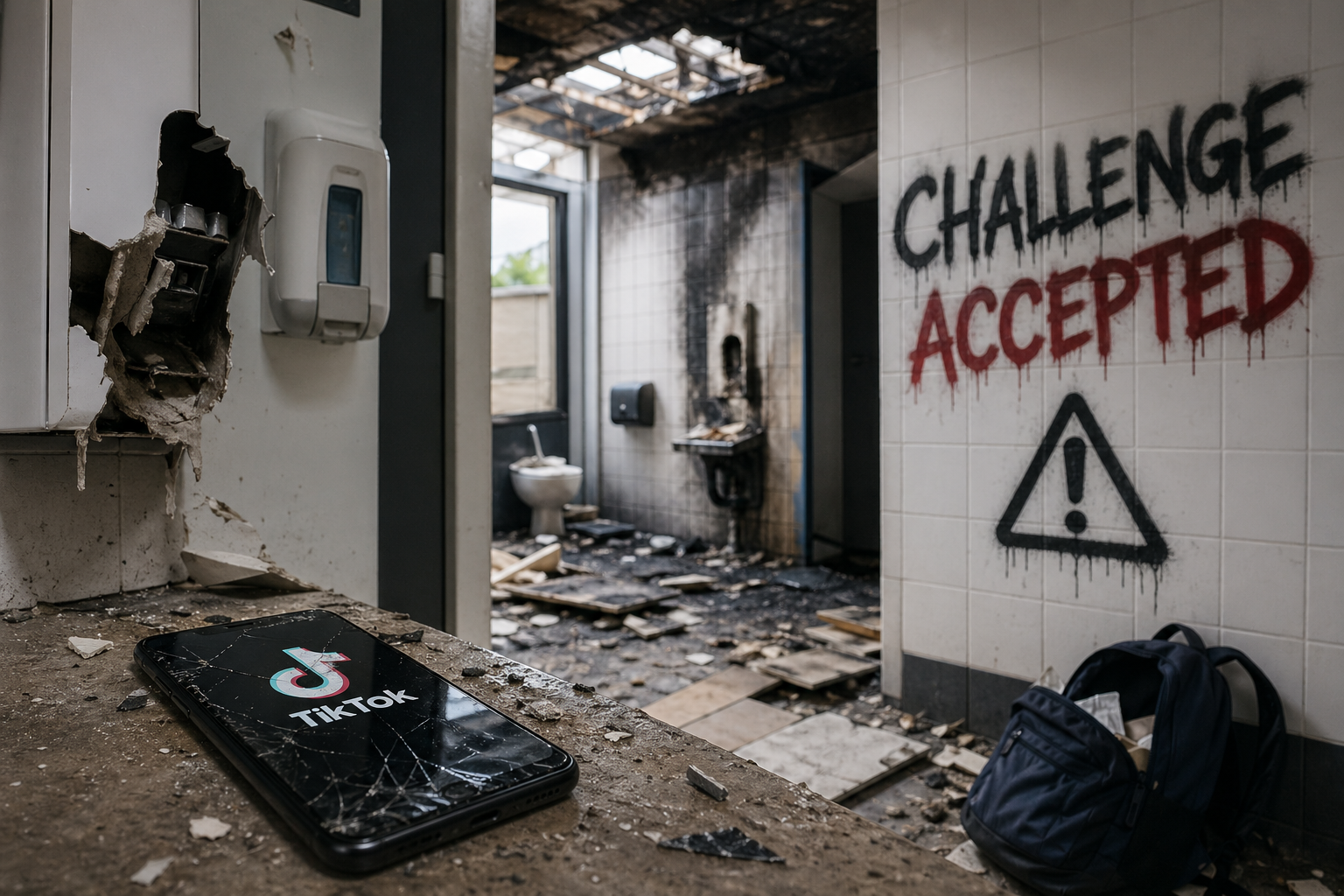 Zerstörte Schultoilette mit Brandspuren, beschädigten Sanitäranlagen und zerbrochenem Smartphone auf dem Boden als Symbol für die Folgen von Social Media Challenges