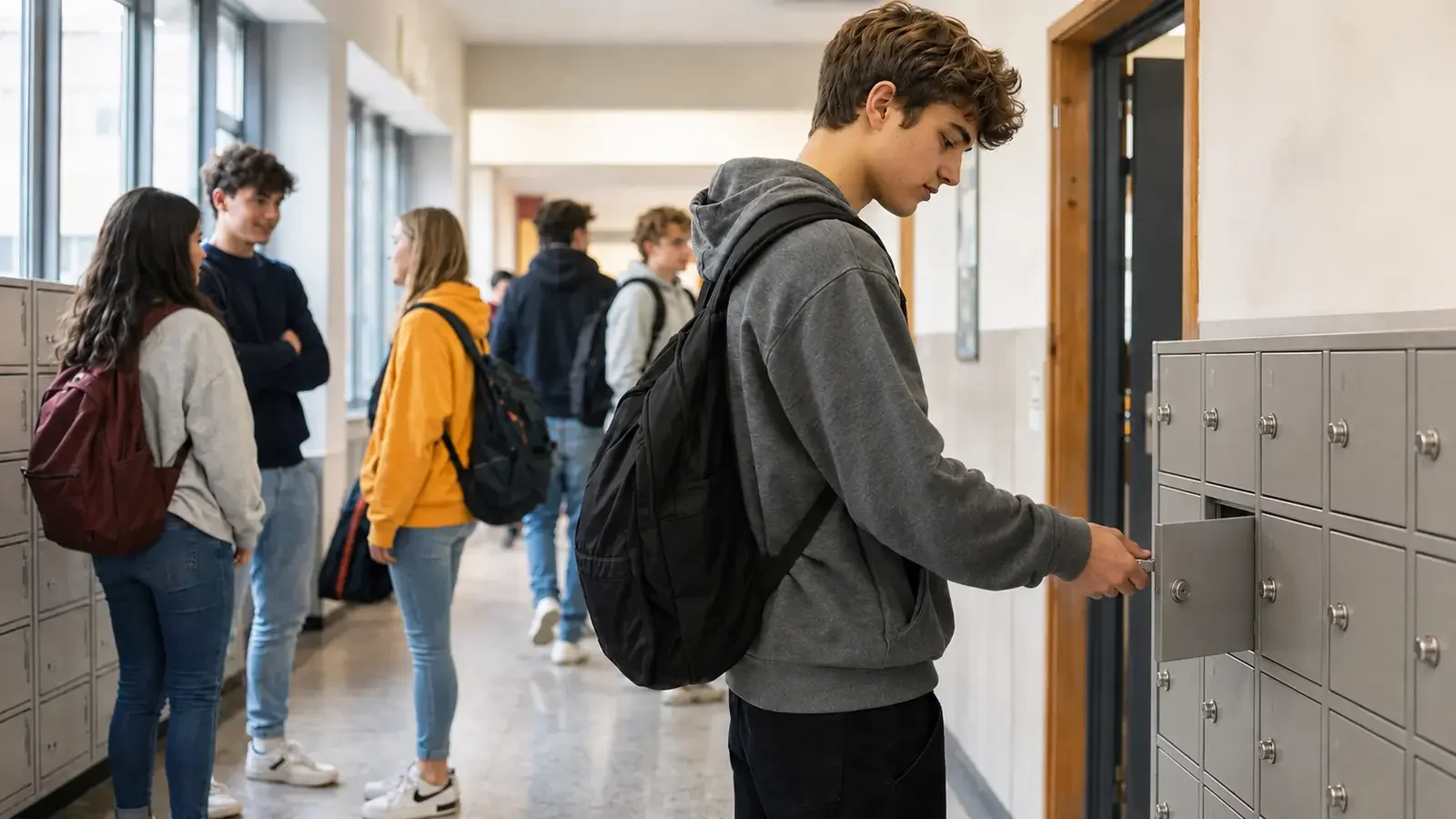 Ein Jugendlicher verstaut sein Smartphone in einem abschließbaren Metallspind, während sich andere Schülerinnen und Schüler im Schulflur unterhalten.