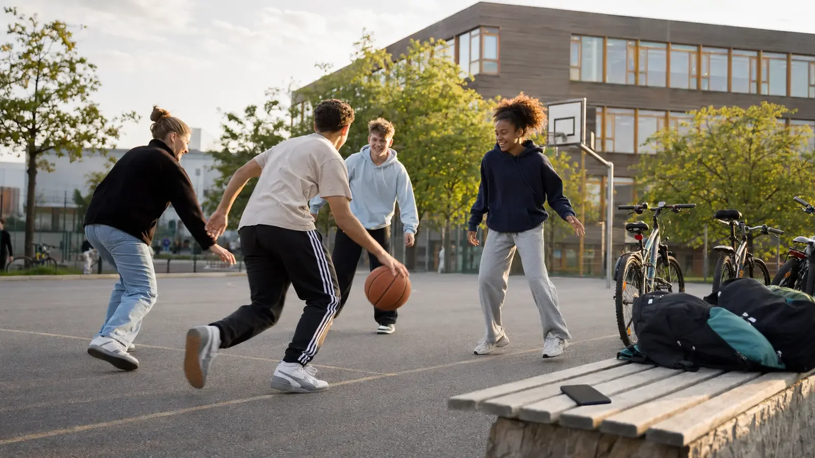 Vier Jugendliche spielen nach der Schule gemeinsam Basketball, während ein Smartphone unbenutzt auf einer Bank liegt.