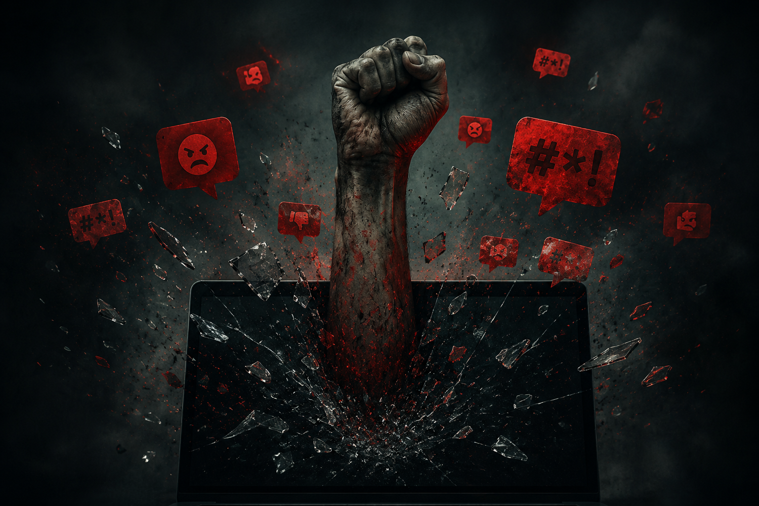 Eine geballte Faust durchbricht einen zerstörten Bildschirm, während rote digitale Symbole für Hass, Aggression und toxische Onlinekommunikation durch eine dunkle digitale Umgebung schweben.